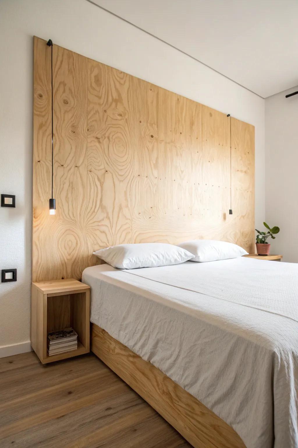 Plywood offers a minimalist and affordable headboard option.