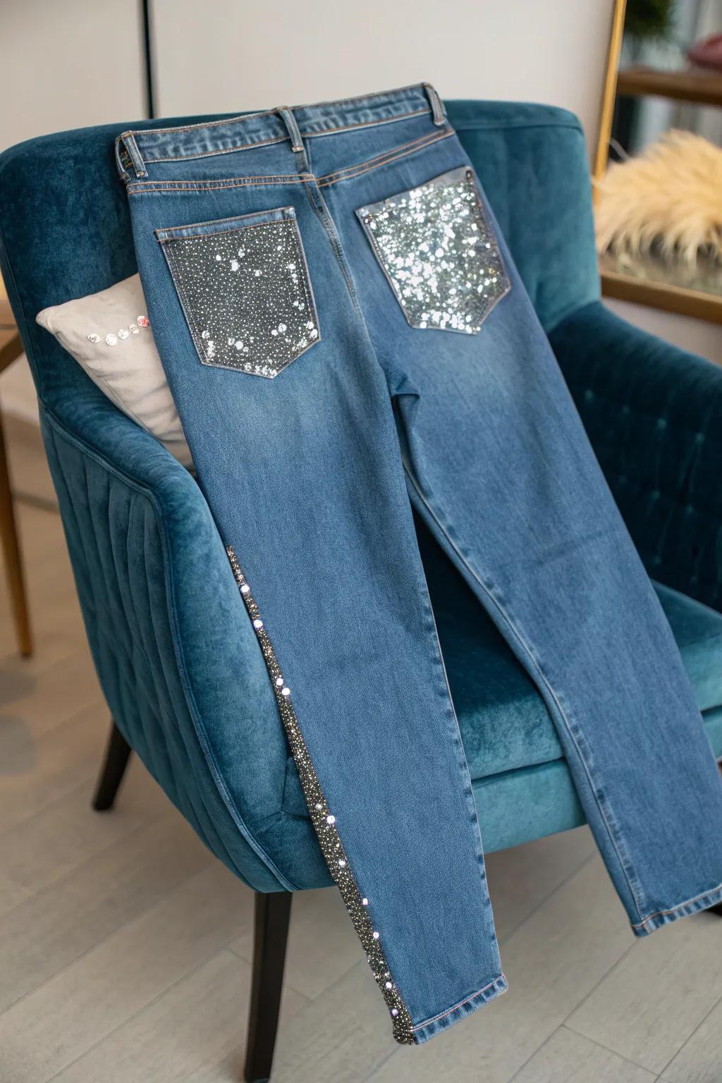 Sequin accents add a playful sparkle to denim fashion.