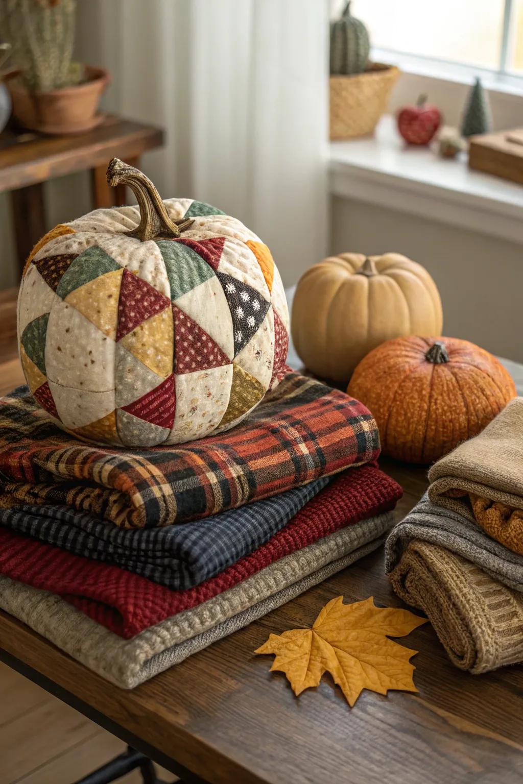 A patchwork quilt pumpkin for a cozy autumn feel.