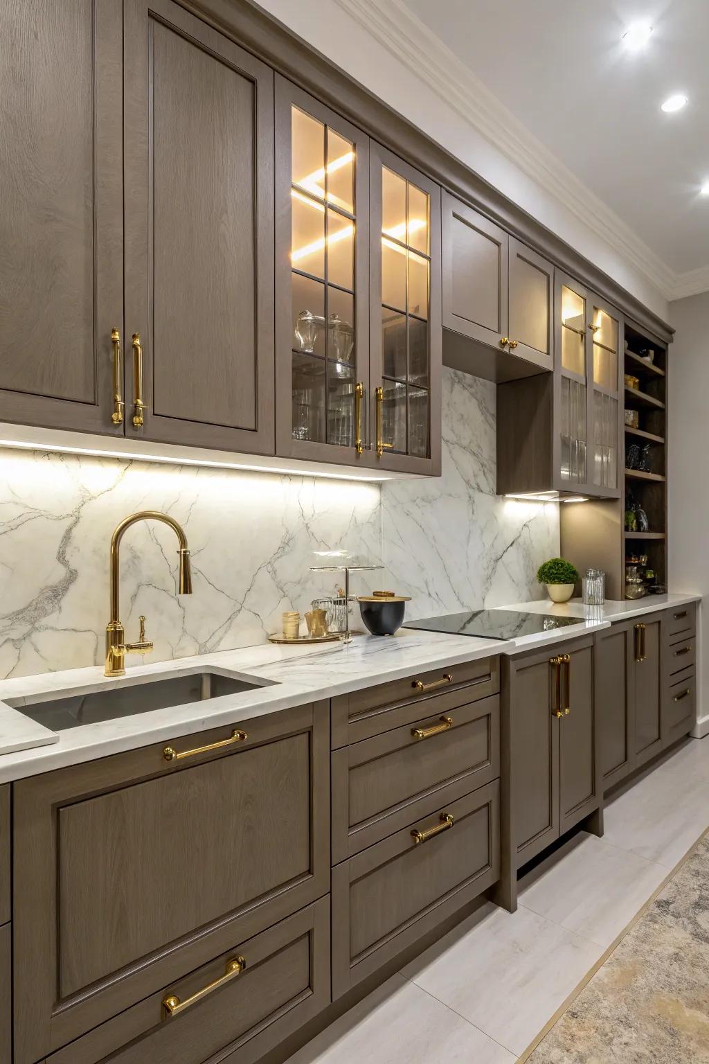 Marble and brass add sophistication to beige cabinetry.