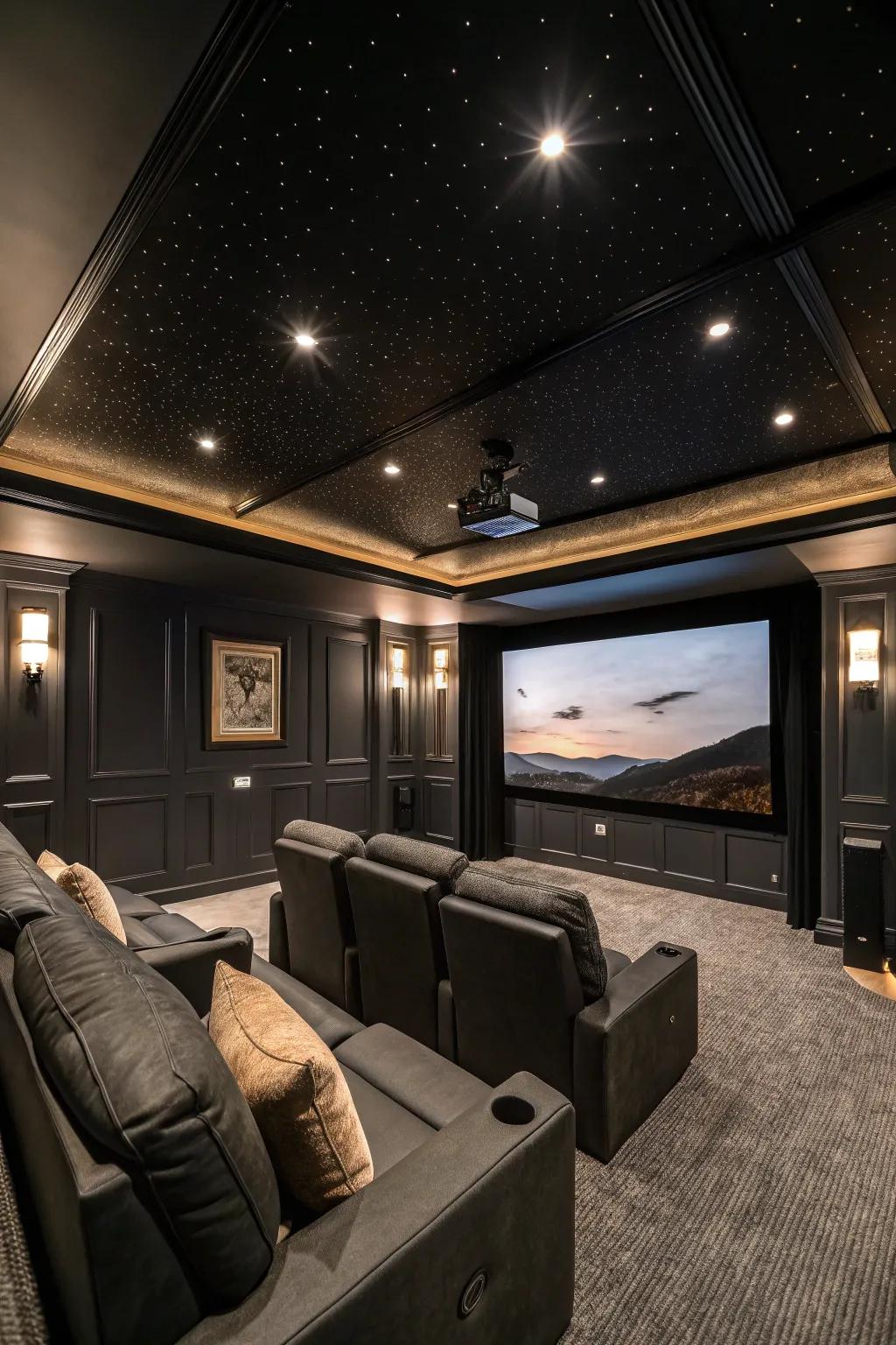 A home theater with a theater black ceiling, ideal for an immersive cinematic experience.