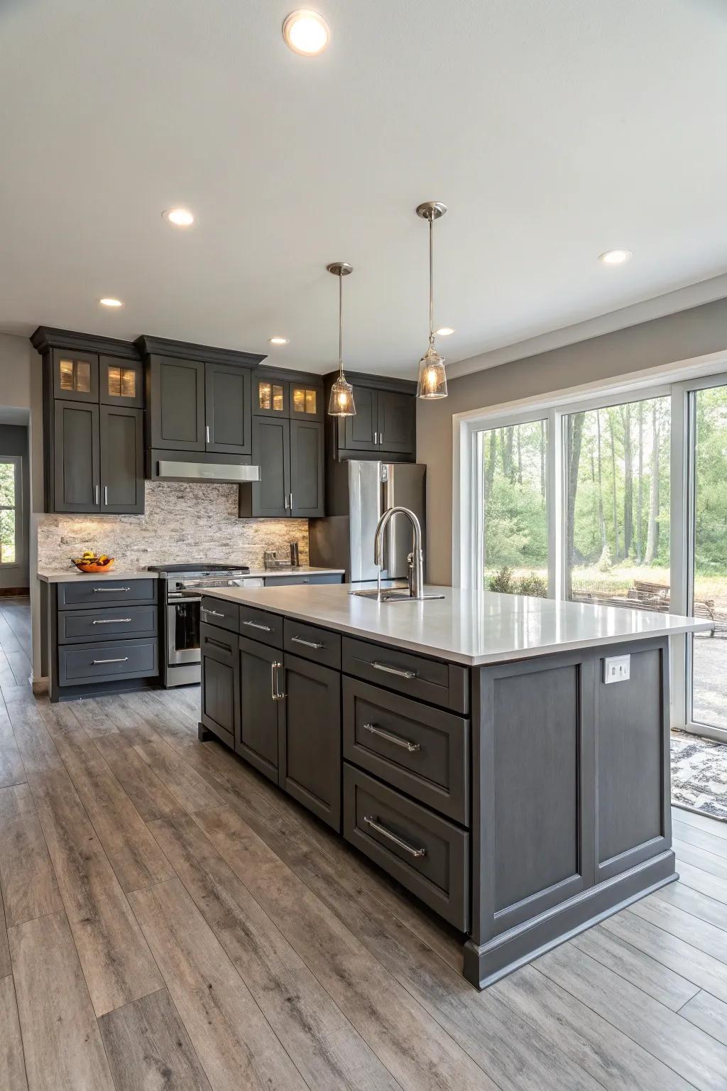 Feature wall with dark gray cabinets creates a stunning focal point.