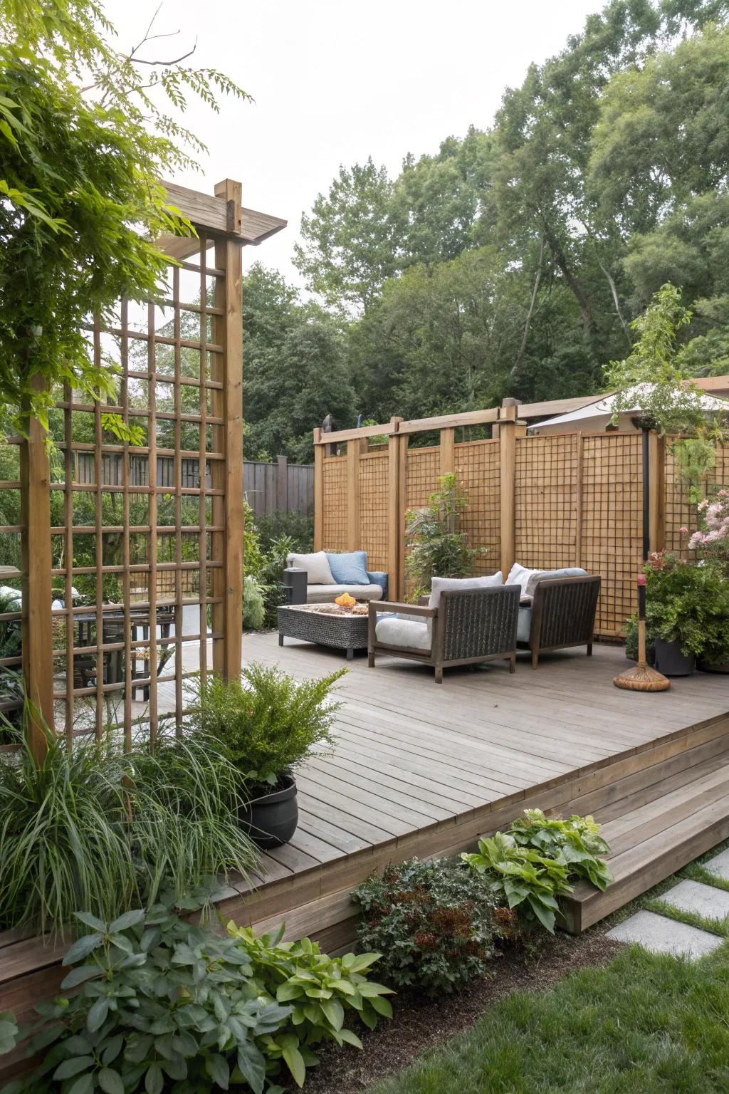 A combination of screens, plants, and structures creates layered privacy on this deck.