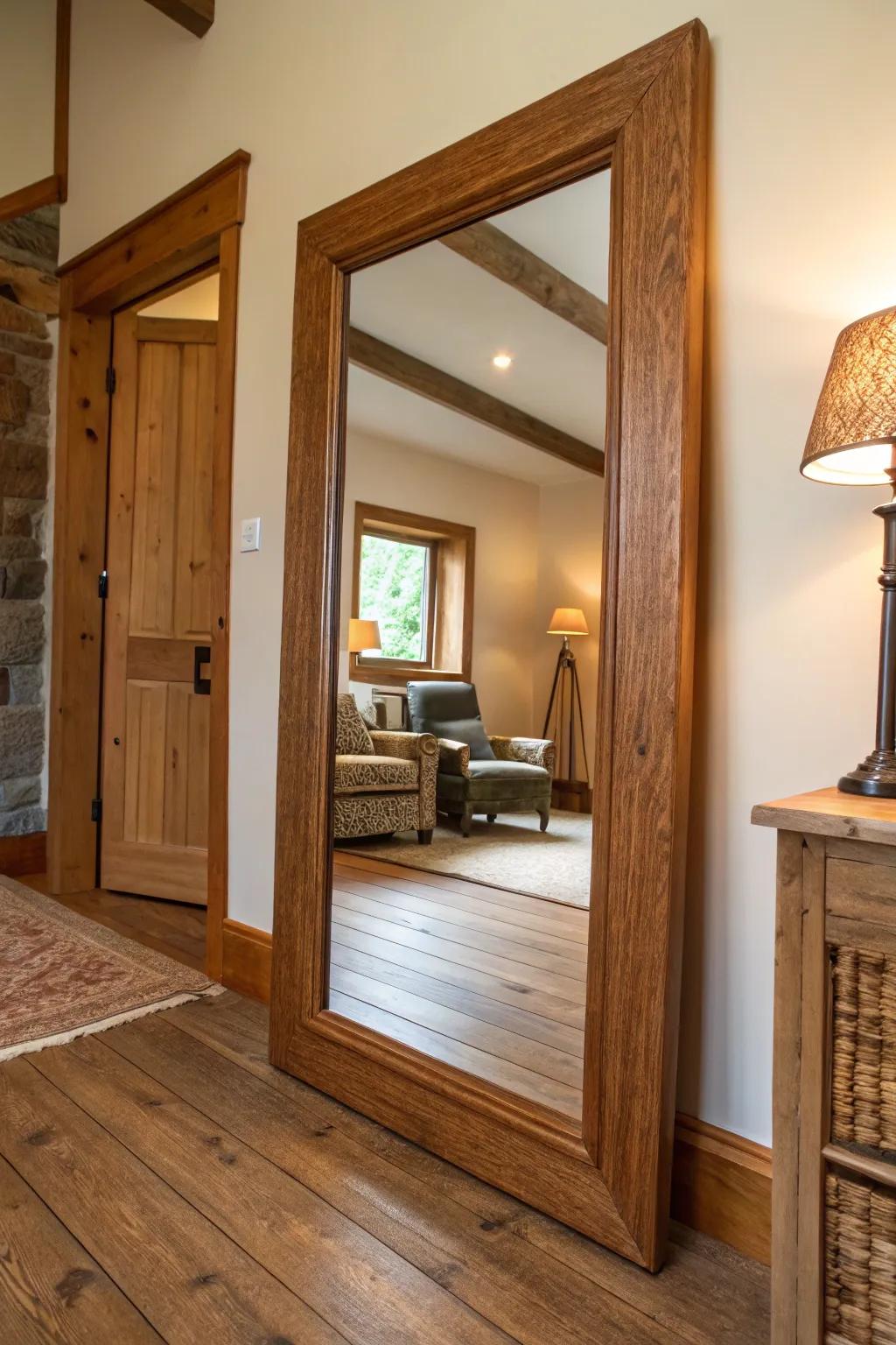 A wood-framed mirror adds warmth and coziness.