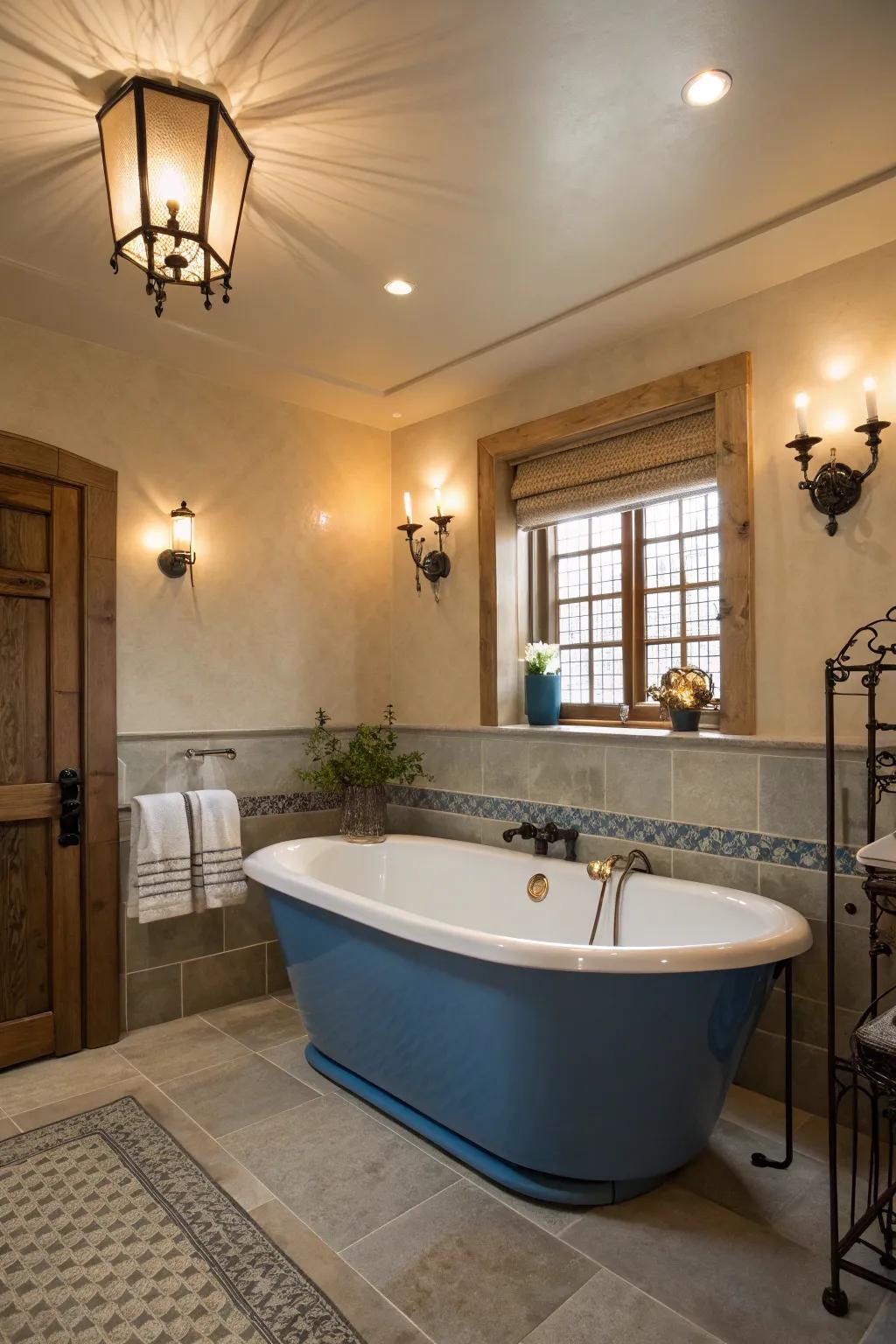 Layered lighting enhances both function and ambiance around a blue bathtub.