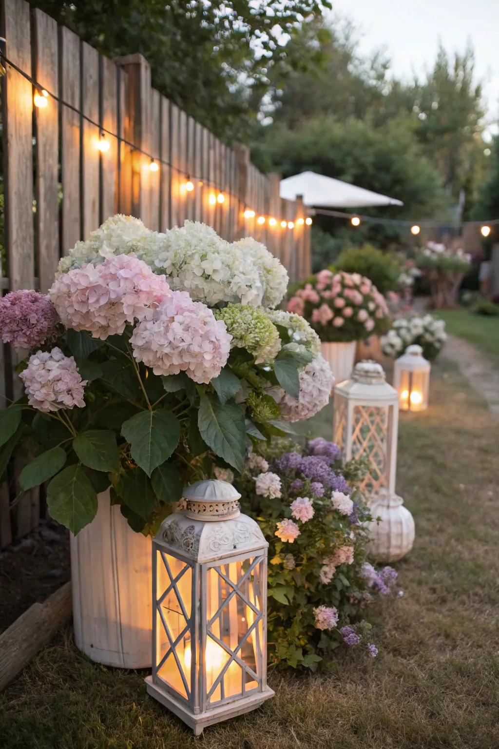 Hydrangeas and lanterns offer a warm, inviting glow.