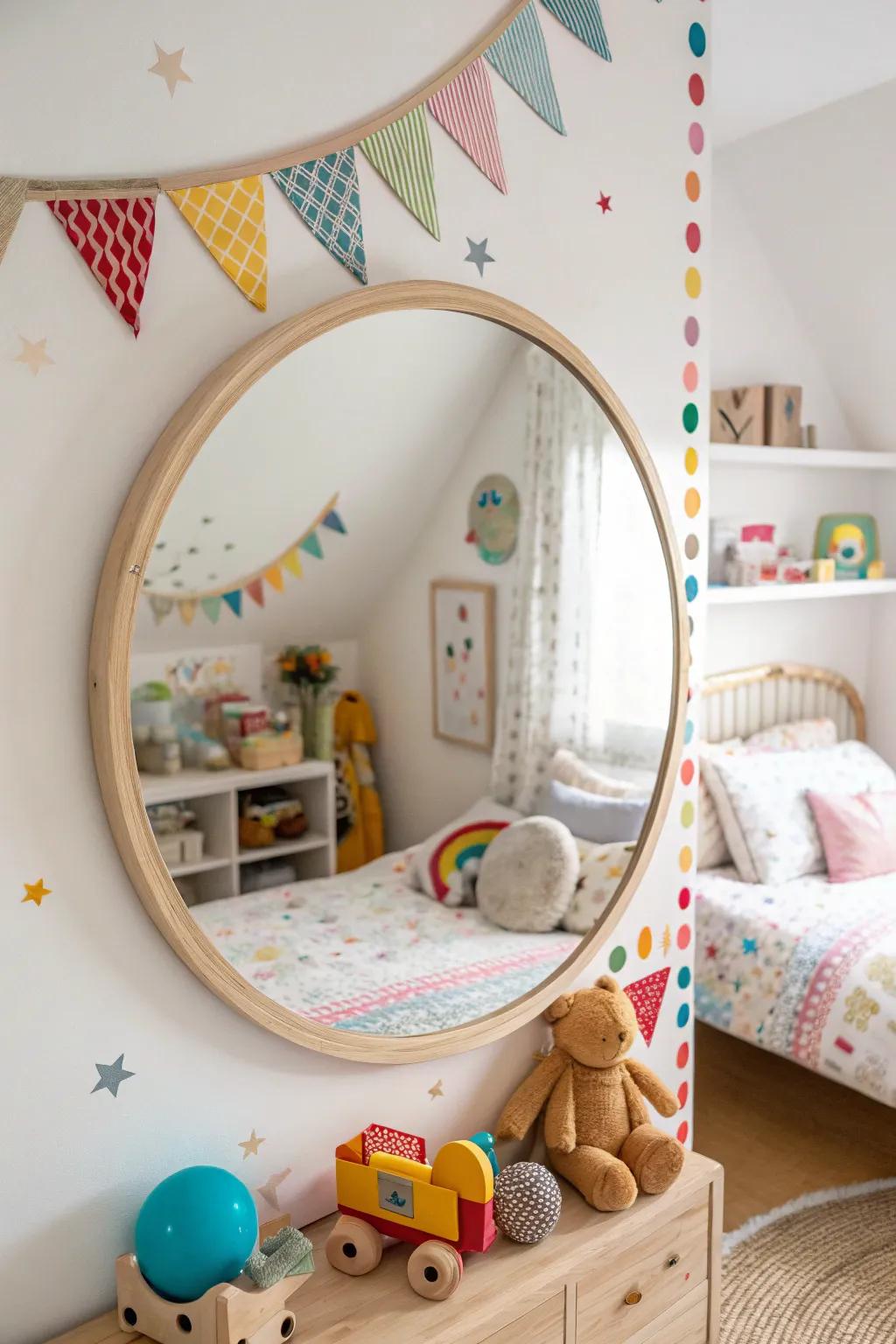 A round mirror adding fun and whimsy to a child's room.