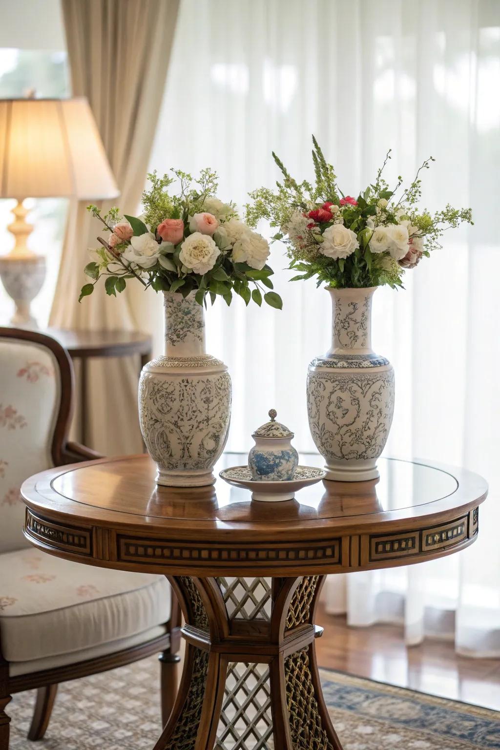 Symmetry brings a classic and balanced look to your corner table decor.