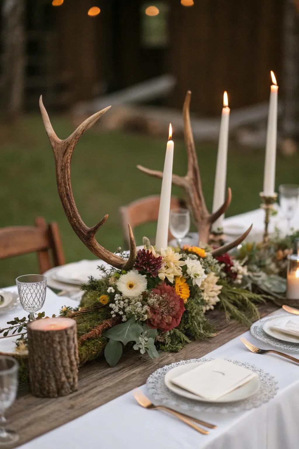 Capture rustic elegance with an antler centerpiece.