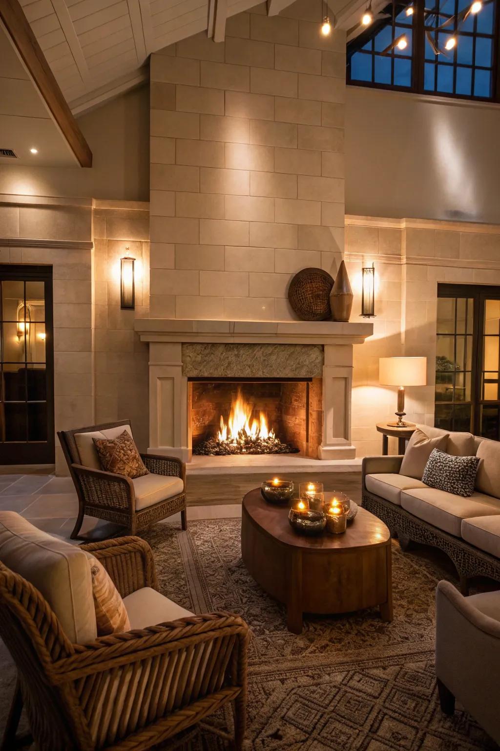 A cozy fireplace serves as a warm focal point in your den.