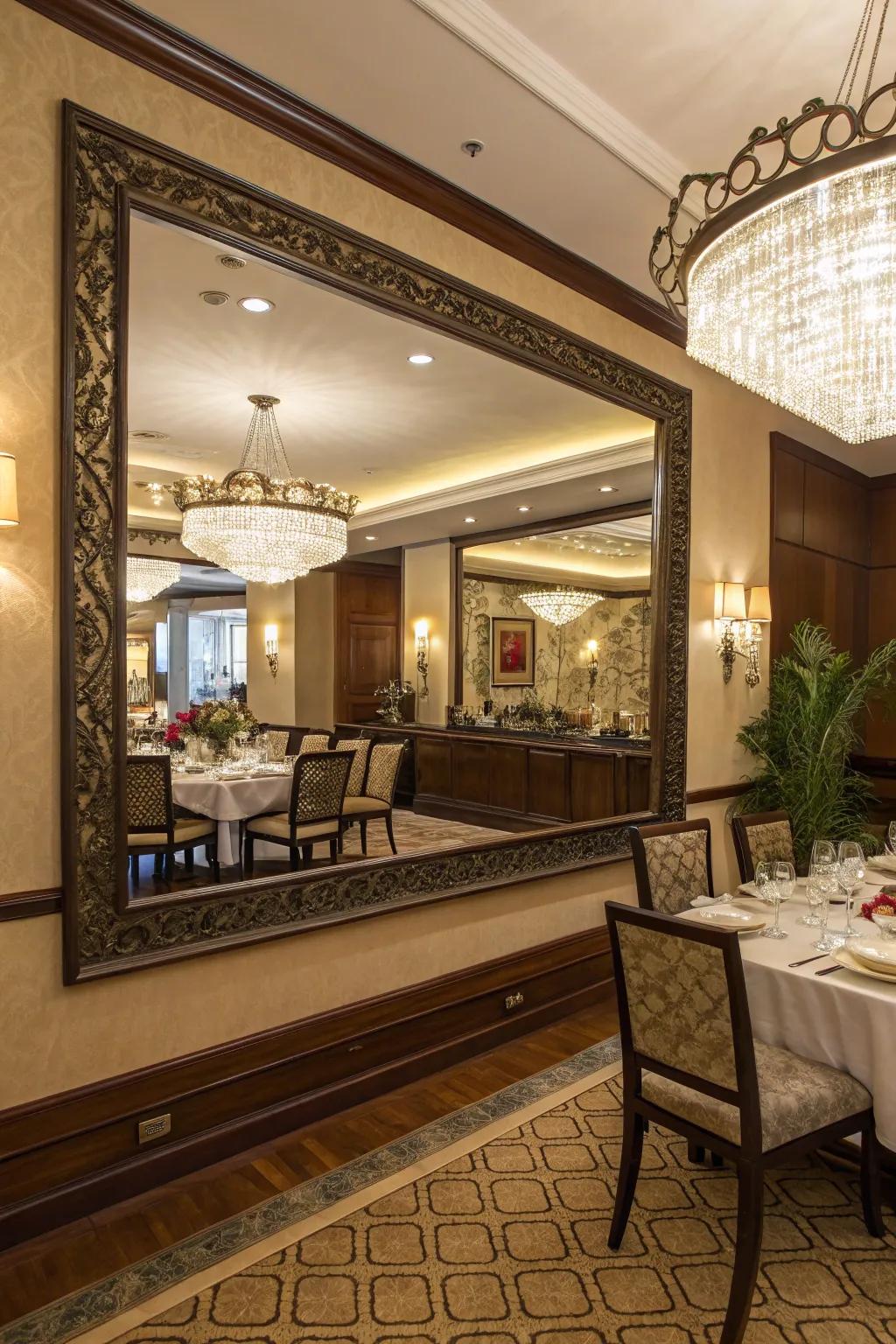 A large mirror enhances brightness and space in the dining room.