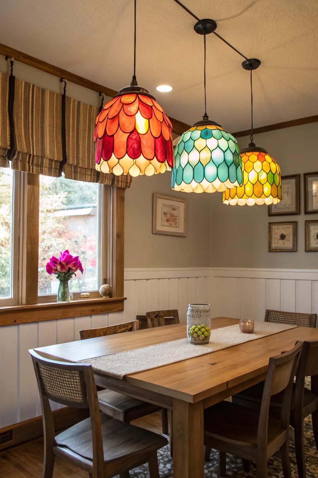 Colorful lighting adds a lively touch to your dining room.