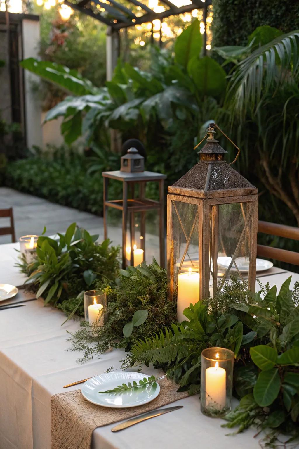 A cozy centerpiece featuring lanterns filled with candles and surrounded by greenery.