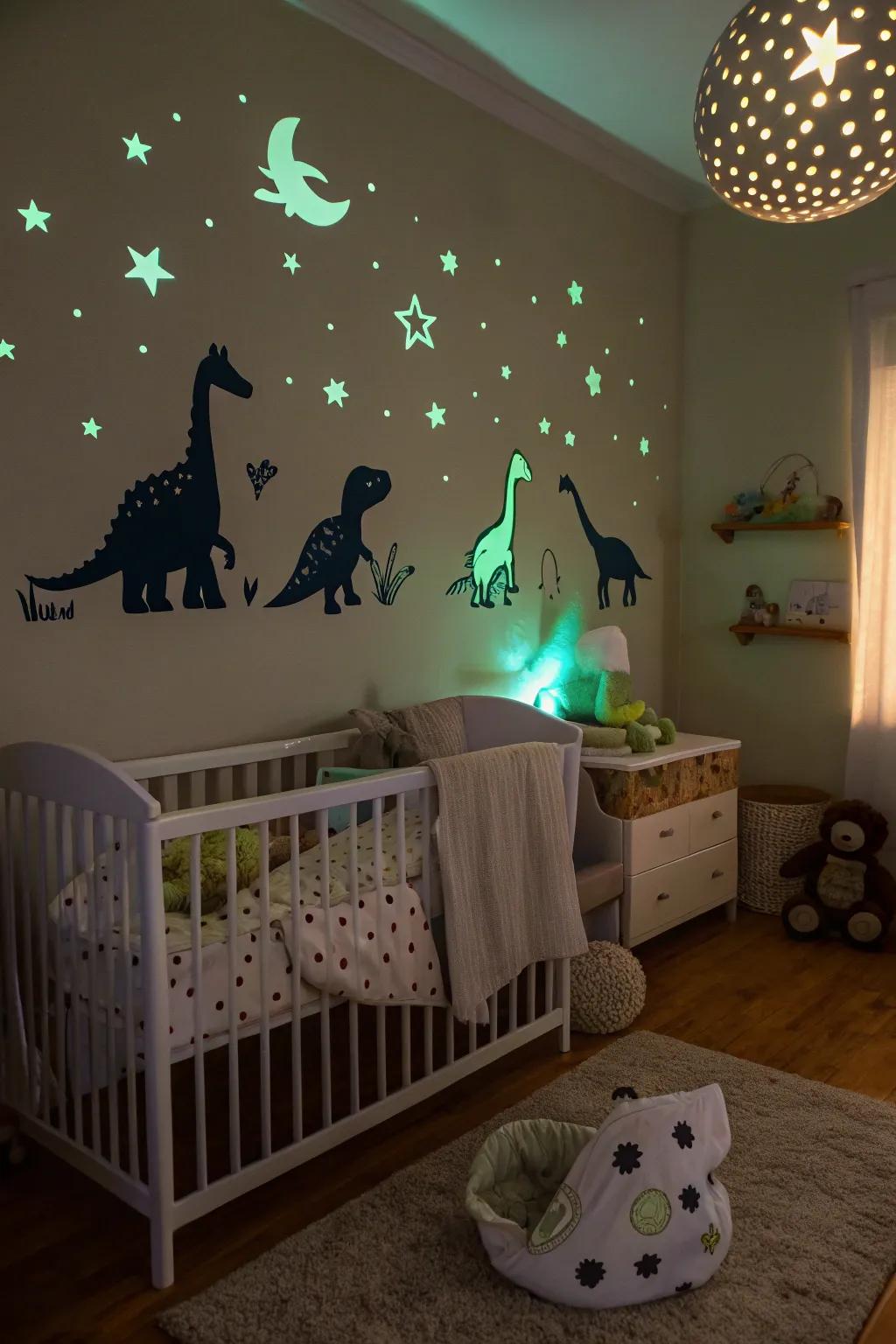 Glow-in-the-dark decals add a magical touch to this nighttime nursery.