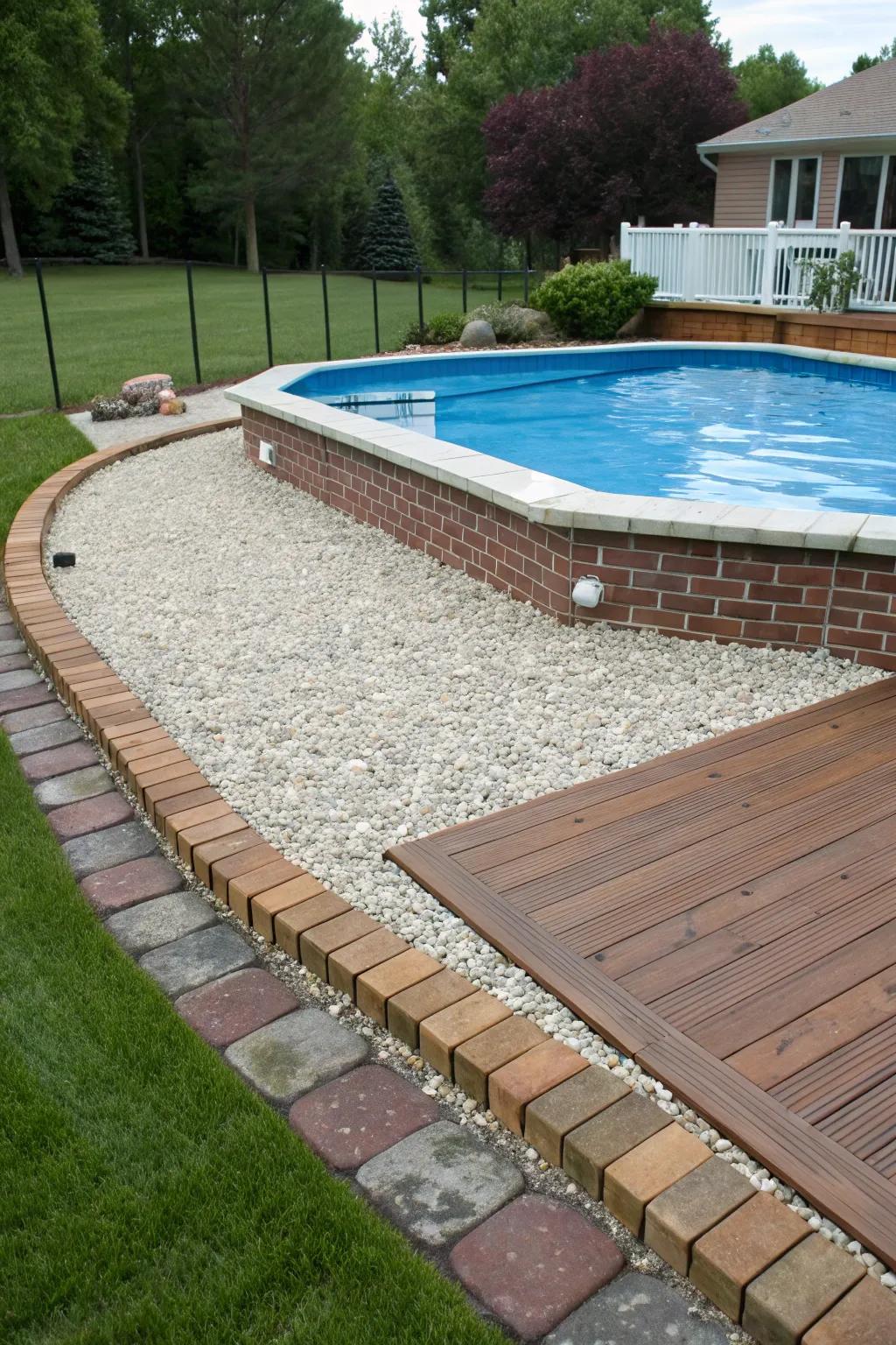 Contrasting gravel with bricks creates a visually appealing, budget-friendly deck.