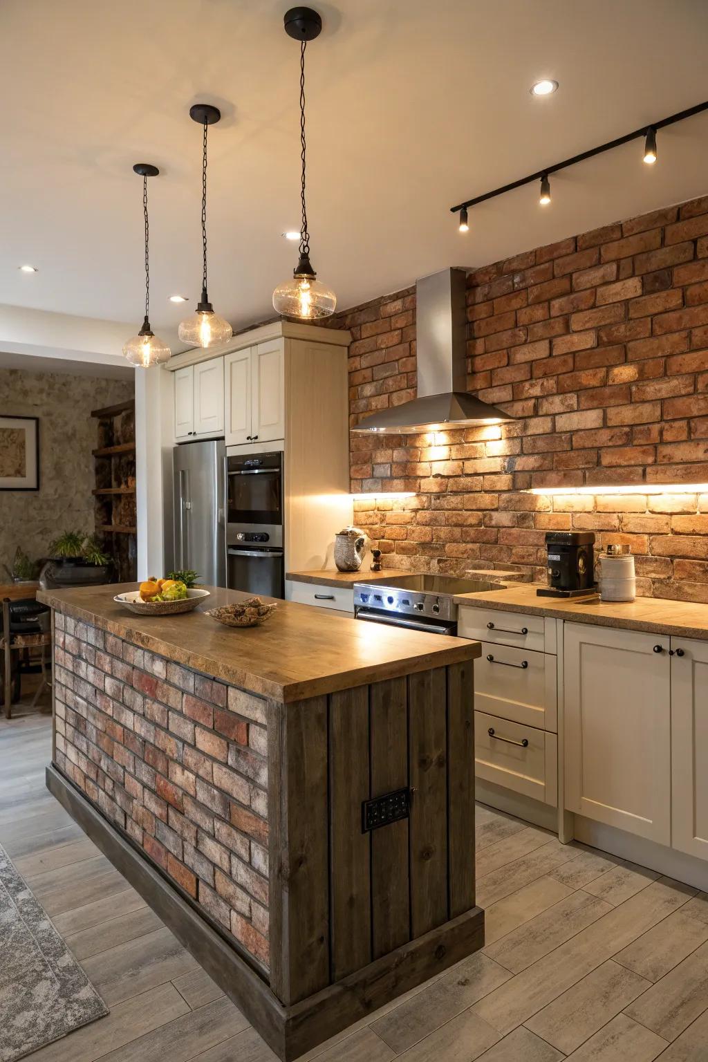 Reclaimed brick veneer adds industrial charm to kitchens.