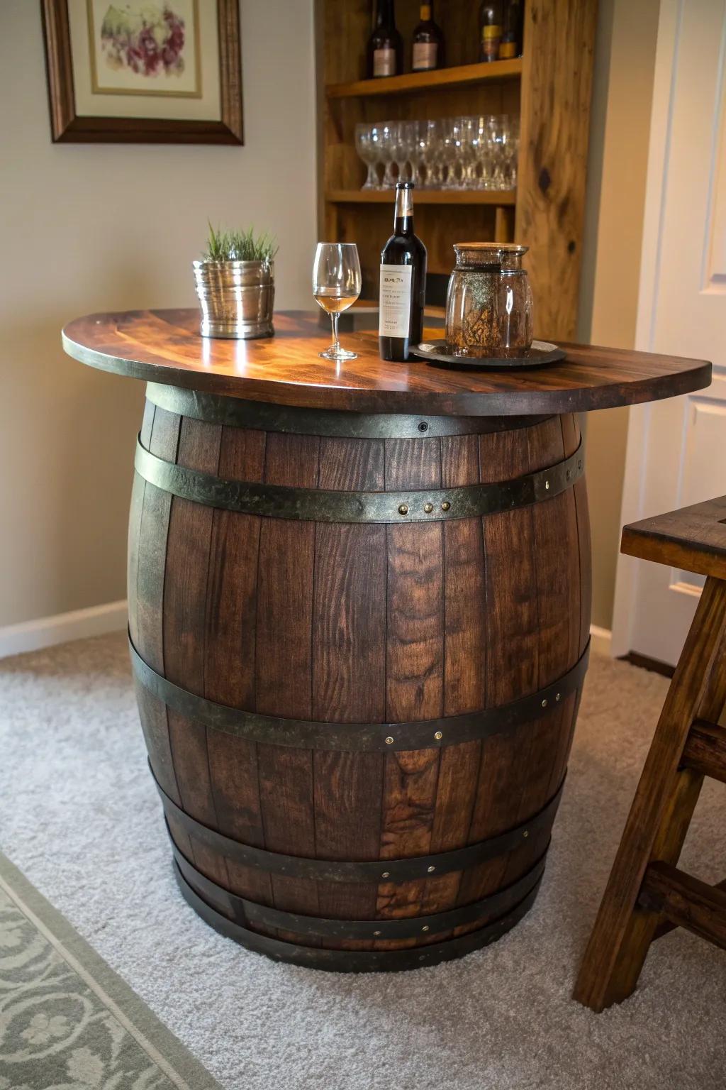 Transform tradition into modern elegance with this DIY barrel bar table—a perfect blend of rustic charm and artisanal craftsmanship.