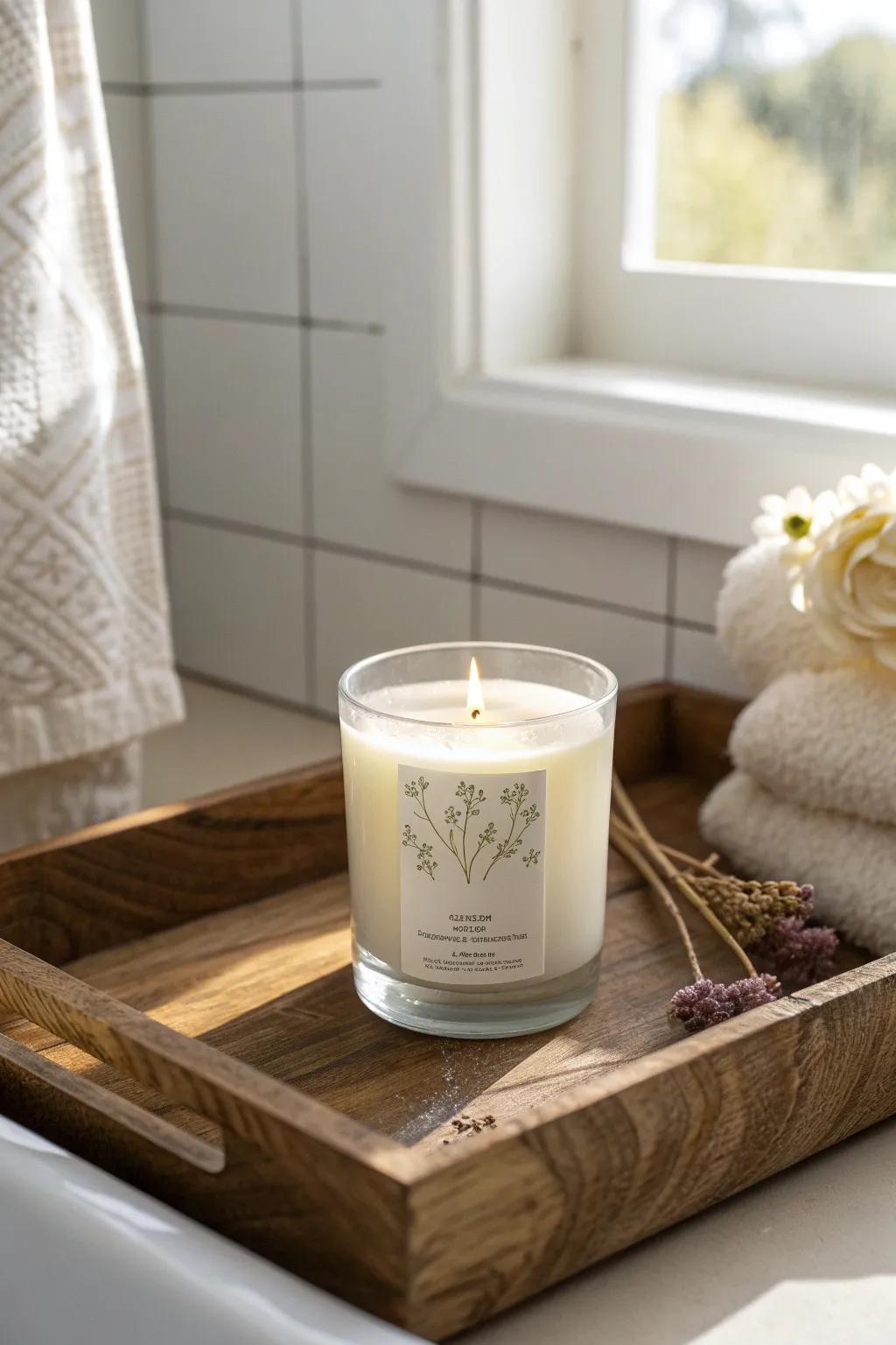 Turn your bathroom into a tranquil escape with the warm glow of a scented candle.