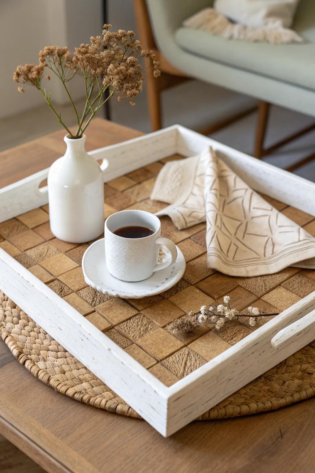 Elevate your space with a touch of sustainable elegance. Discover the beauty of a cork-based coffee table tray, where simplicity meets eco-friendly design.