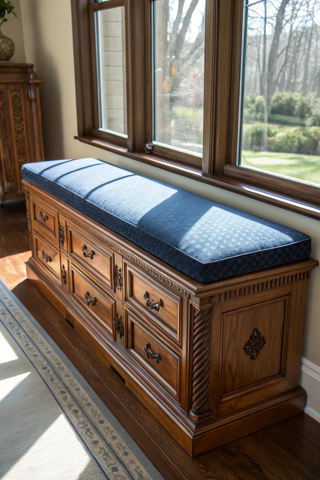Elevate your space with a multi-functional marvel: a dresser turned window bench, perfect for the modern craftsman.