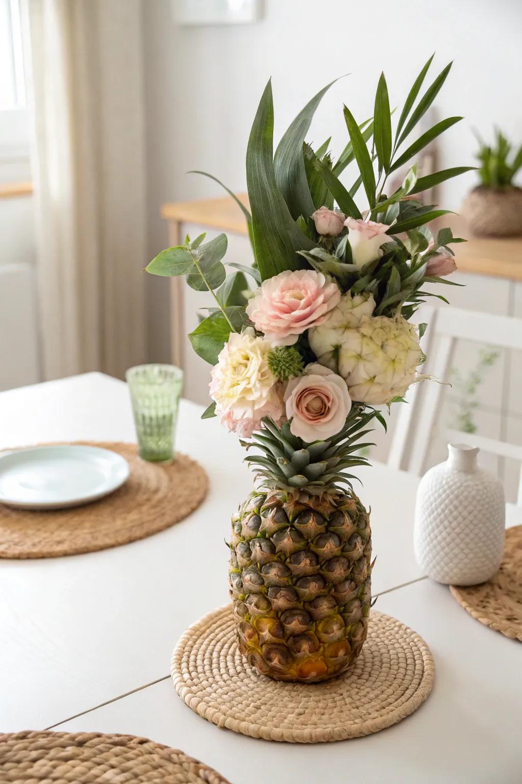 Elevate your DIY Hawaiian party with stunning pineapple floral centerpieces—natural beauty meets minimalist charm.