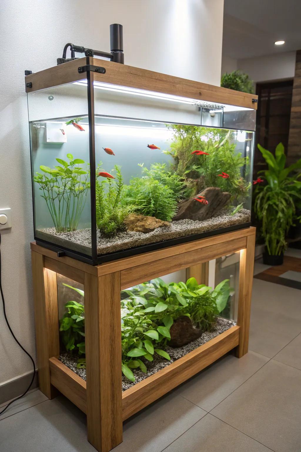 Crafted Harmony: Experience the elegance of a hydroponic fish tank garden.