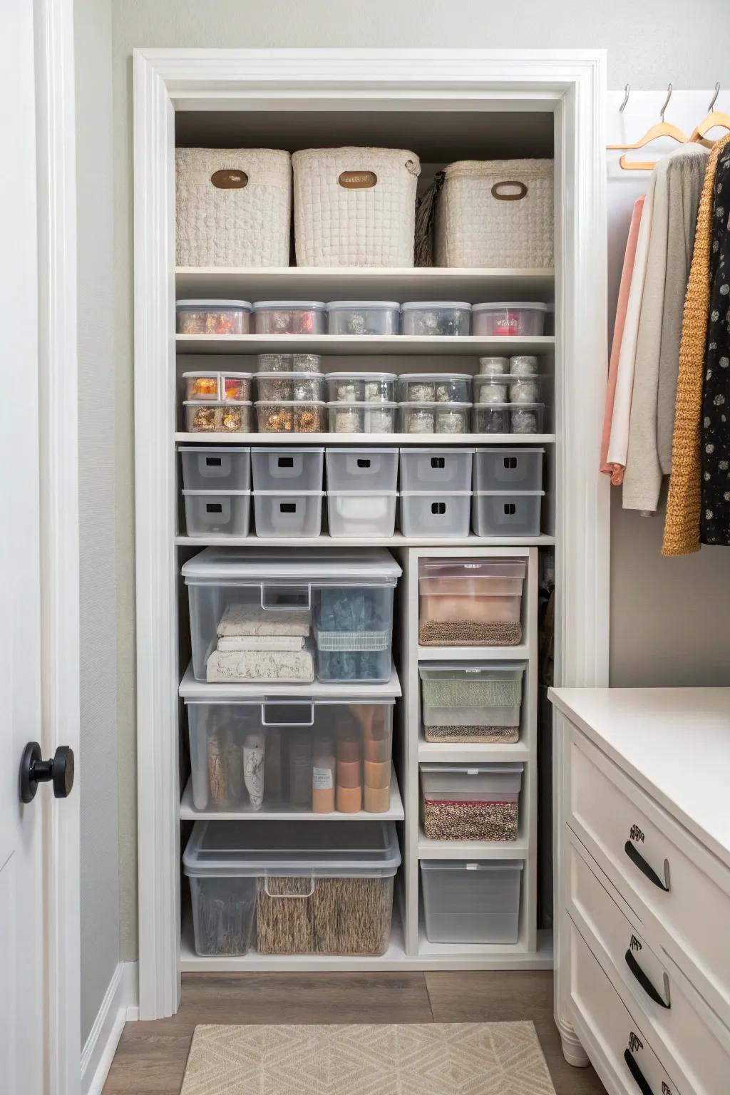 Clear containers keep closet items organized and visible.