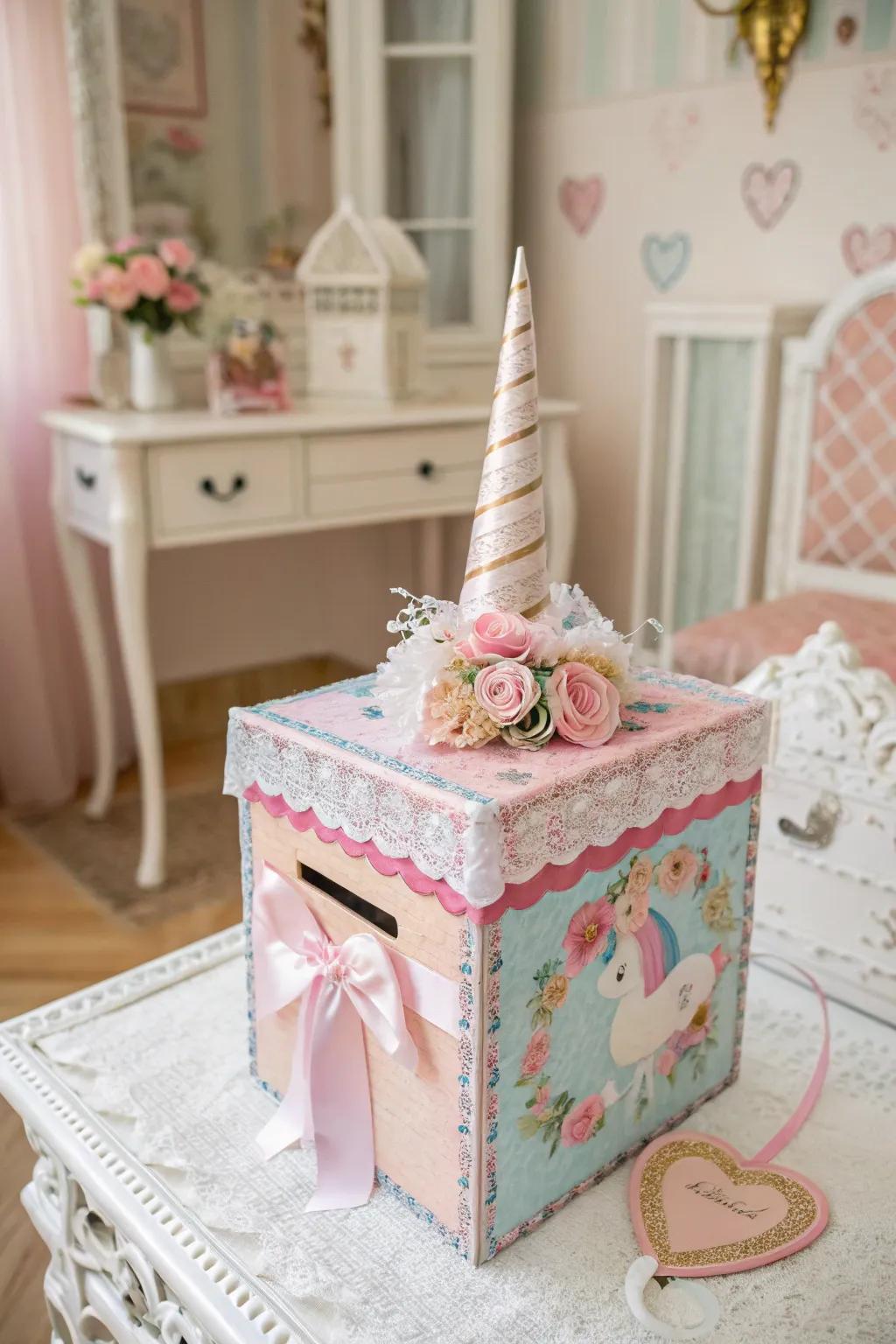 An elegant unicorn box with lace and ribbon details.