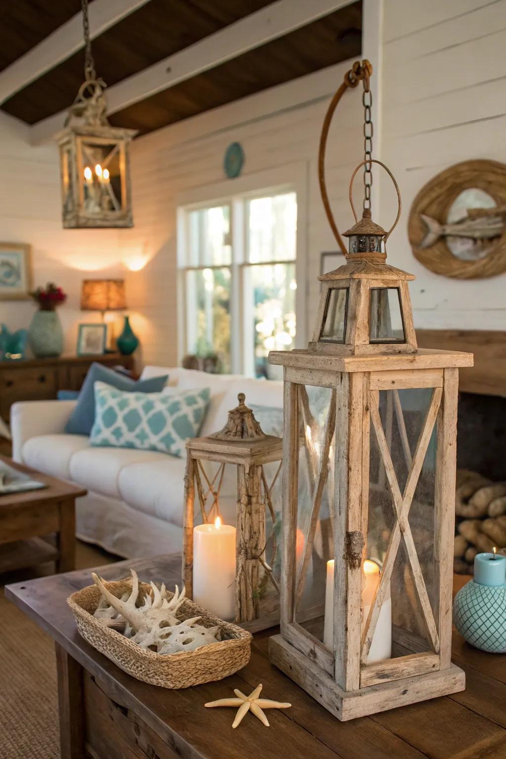 Driftwood lanterns bring a natural, artistic feel to coastal decor.