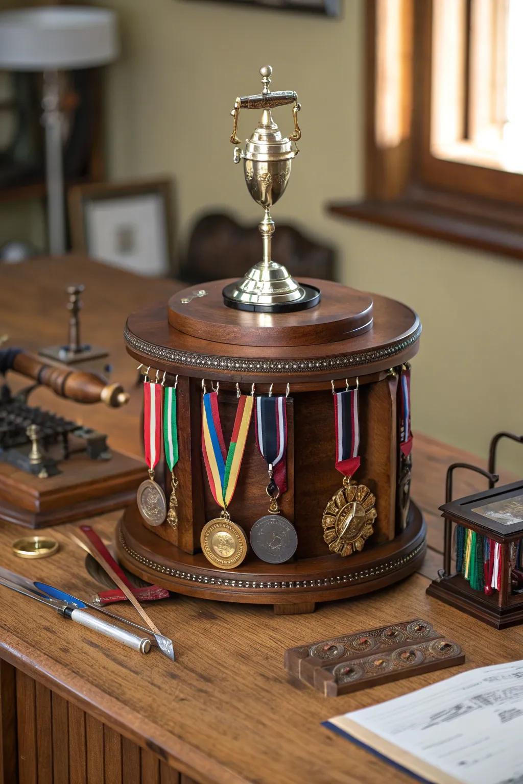 Showcase your achievements with elegance and craftsmanship on this stunning rotating medal stand.