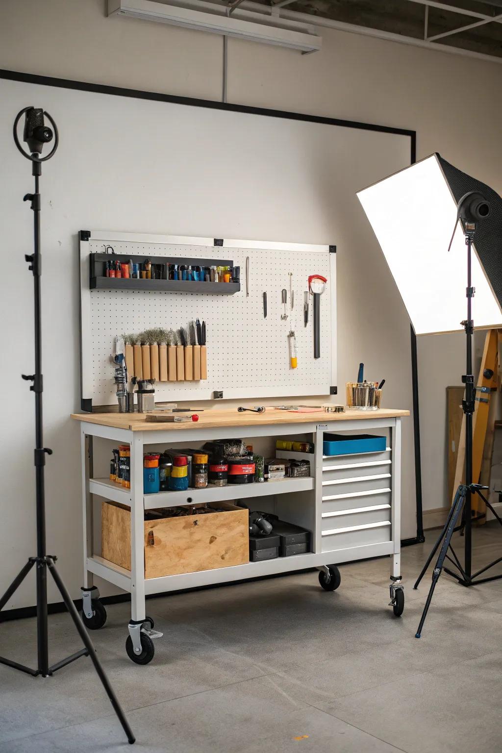 Plan and brainstorm with a whiteboard backdrop on this workbench.