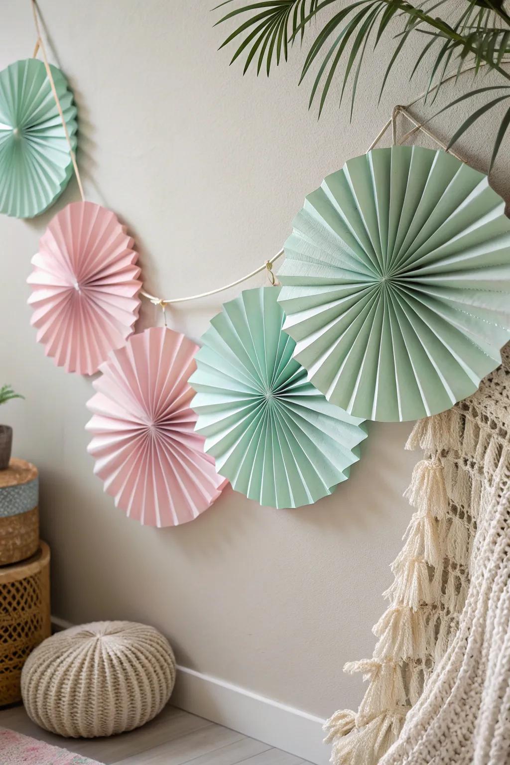 Elevate your space with a charming paper fan garland, blending Scandinavian simplicity with a hint of boho flair.