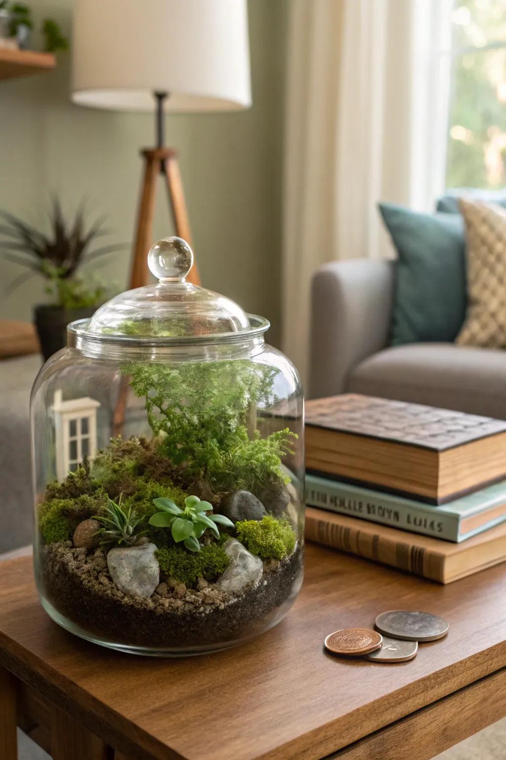 Harmonious terrarium coin bank.