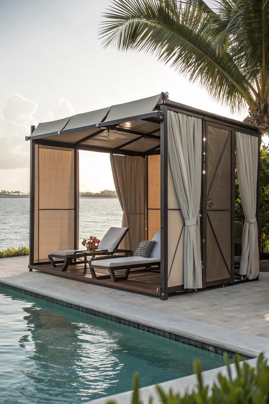 A convertible cabana adapts to your needs with style and practicality.