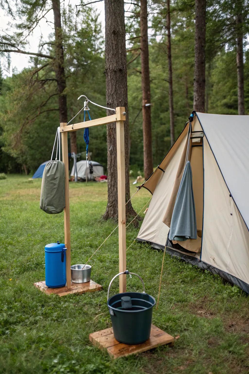 A stable and simple shower stand for outdoor convenience.