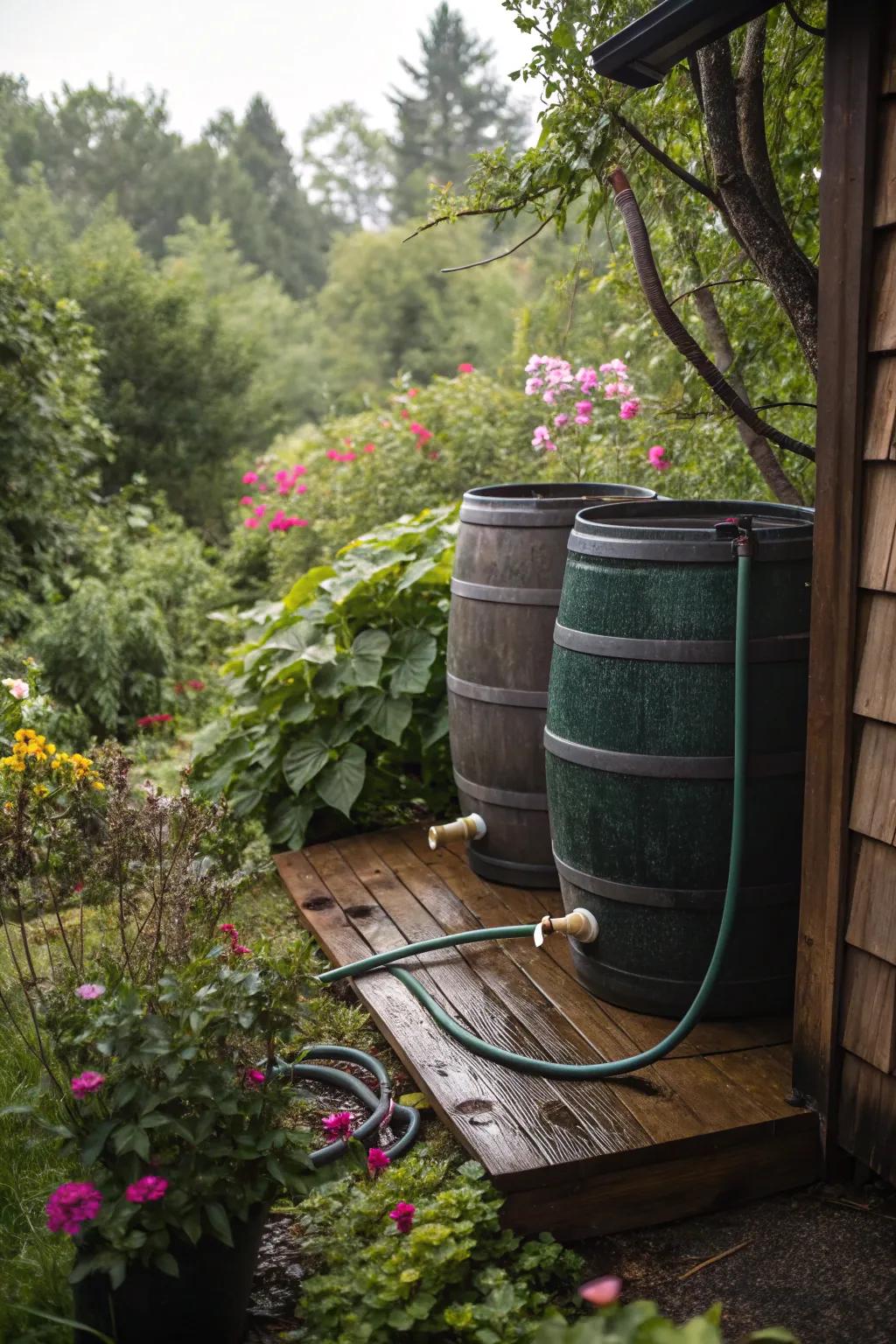 A linked rain barrel system provides ample storage for rainwater collection.