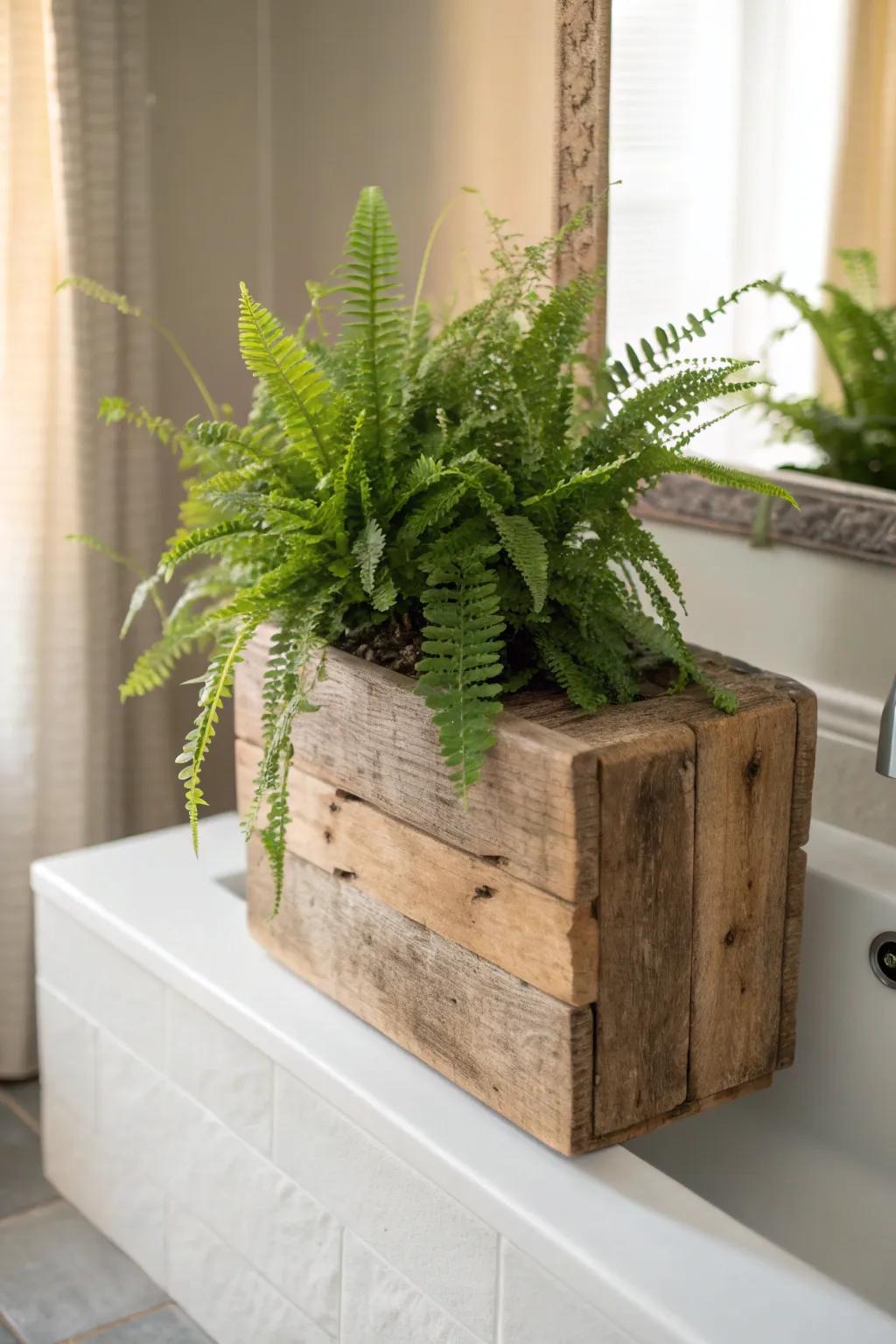 Bring tranquility to your bathroom with lush greenery in a rustic planter, blending simplicity with natural elegance.