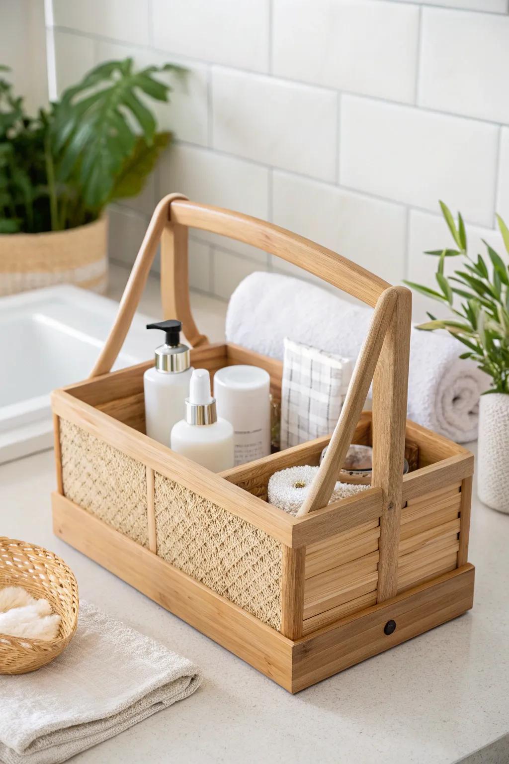 Elevate your bathroom decor with this stunning portable tote caddy, where Scandinavian simplicity meets boho charm.
