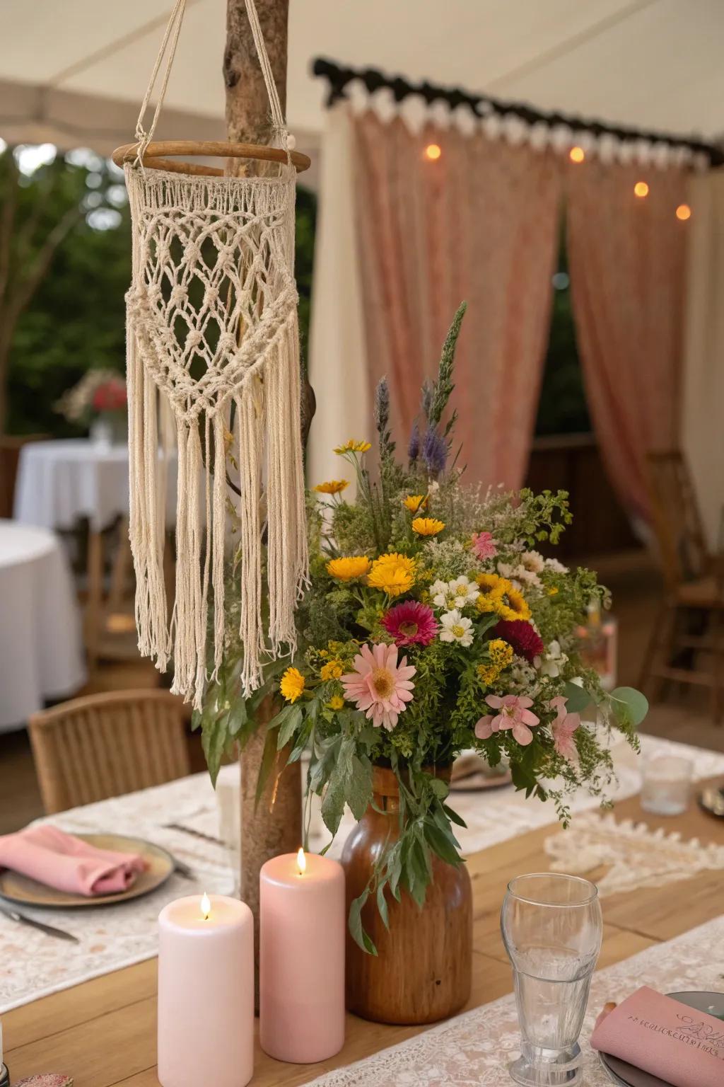 Macramé and wildflowers create a bohemian and relaxed centerpiece.