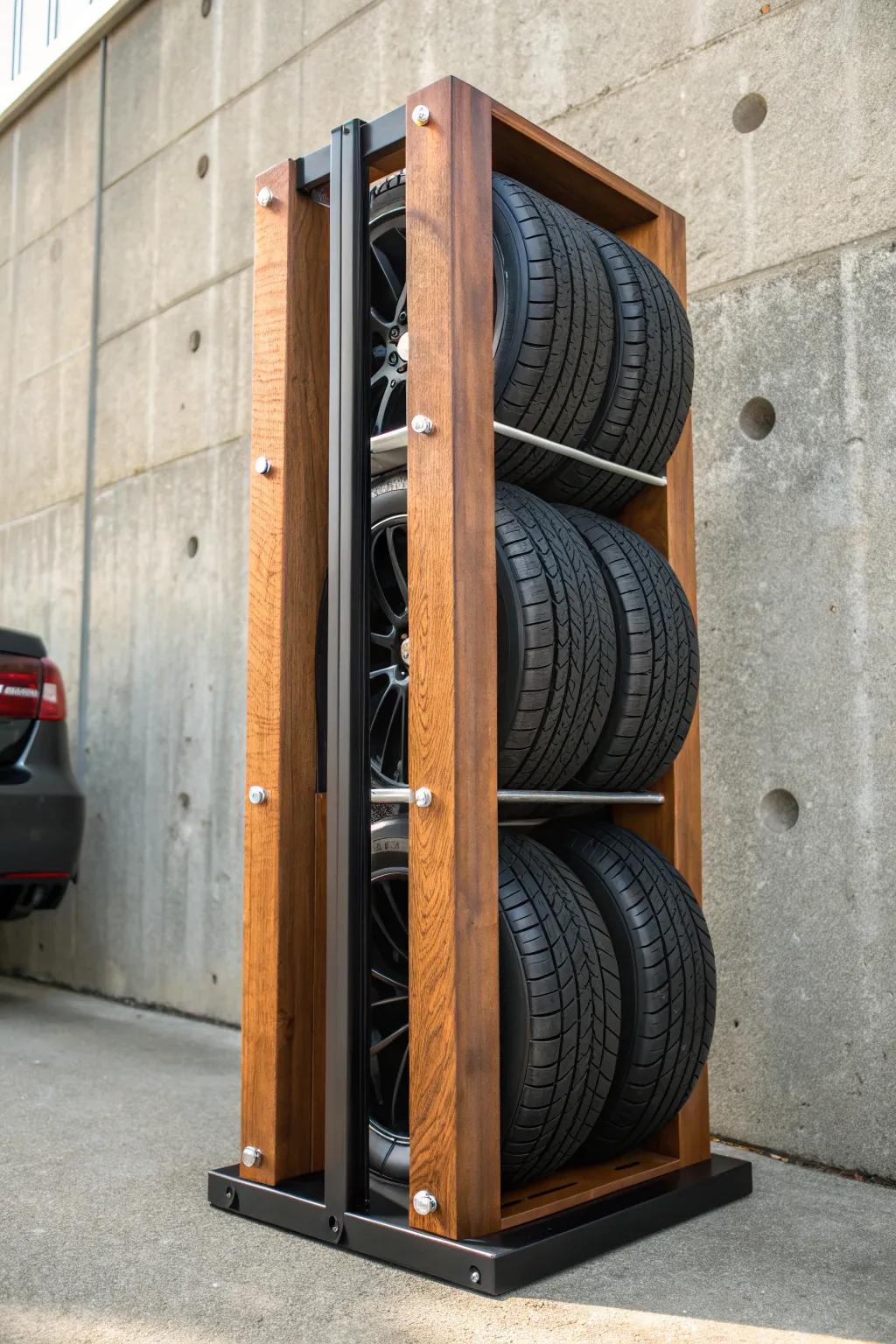 Maximize your space with this expertly crafted compact tire rack—where functionality meets style.