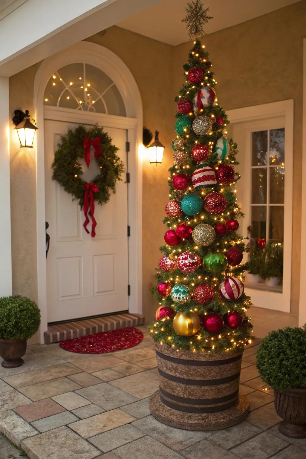 A holiday ornament topiary bringing festive cheer to a holiday-decorated entryway.