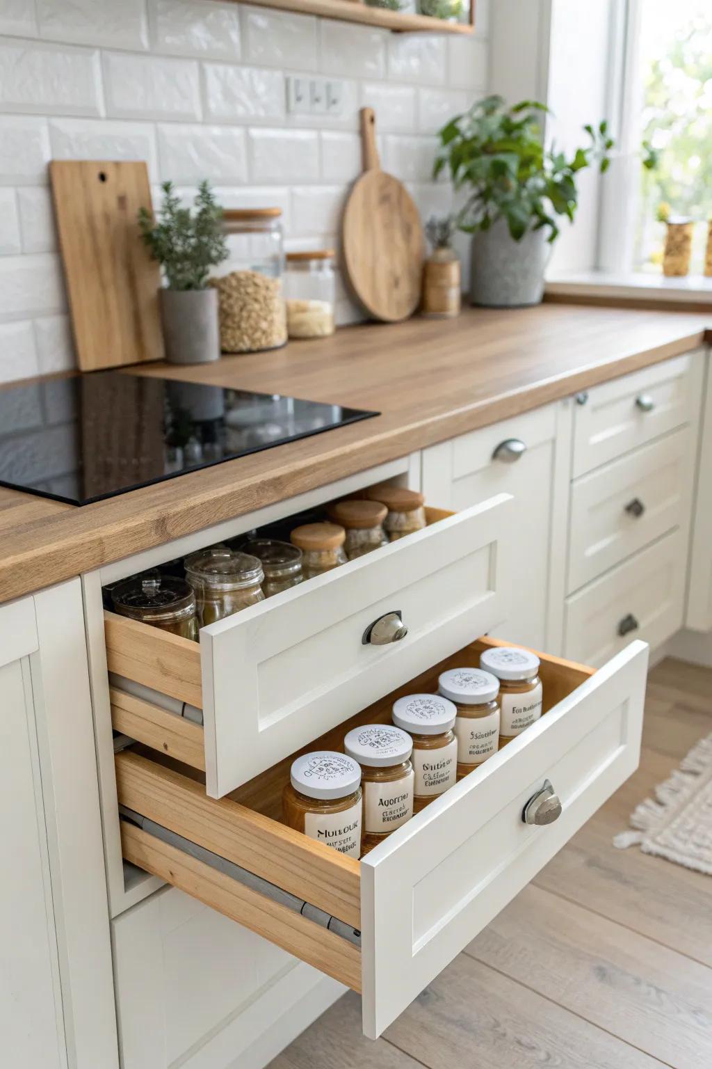 Elevate your kitchen's style and functionality with this chic stacked spice drawer insert. Perfect for the minimalist at heart!