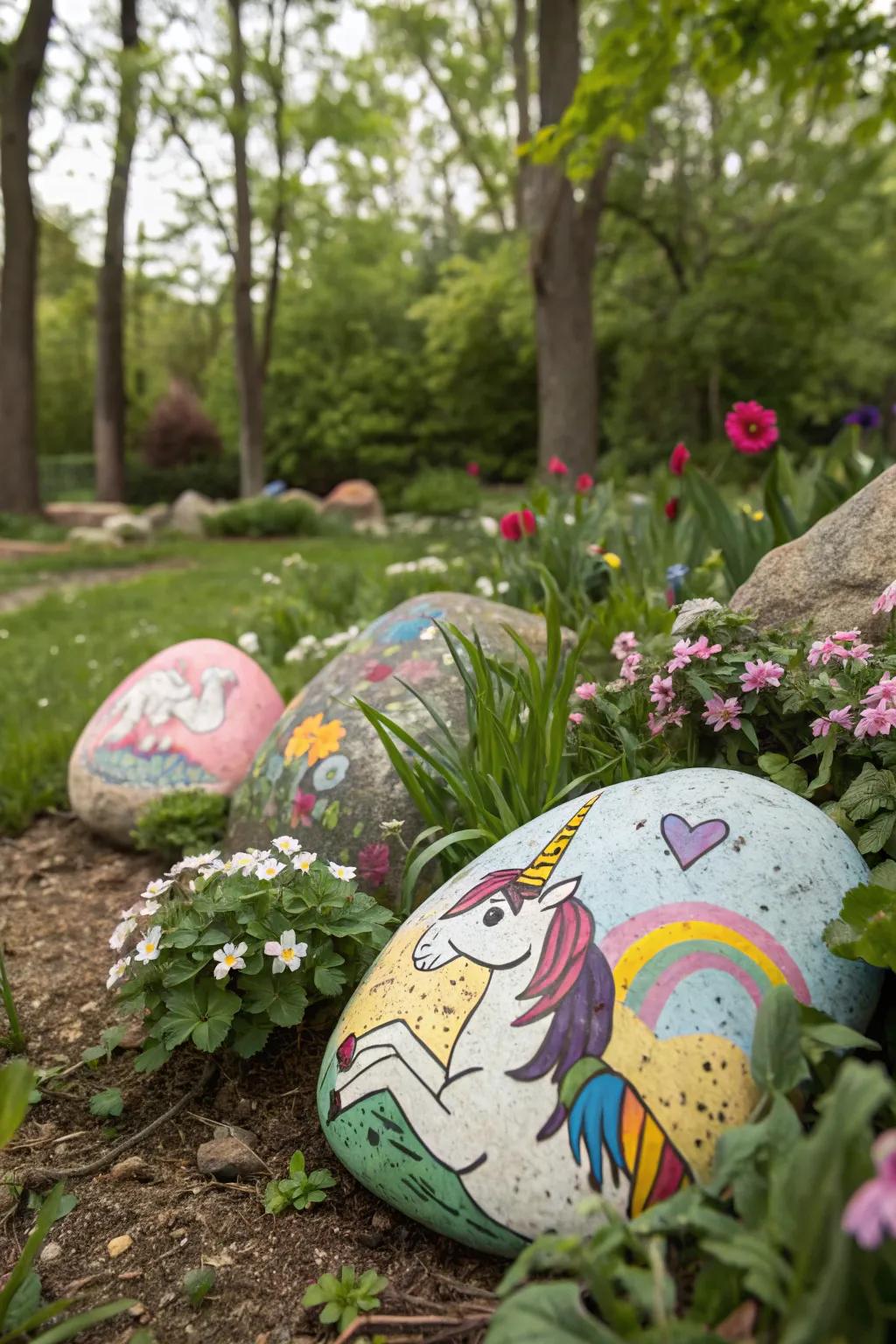 Decorate your garden with unicorn painted rocks.