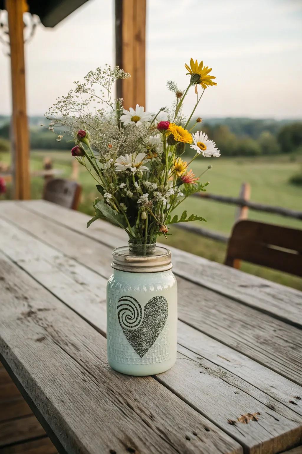 A thumbprint heart mason jar makes a heartfelt keepsake.