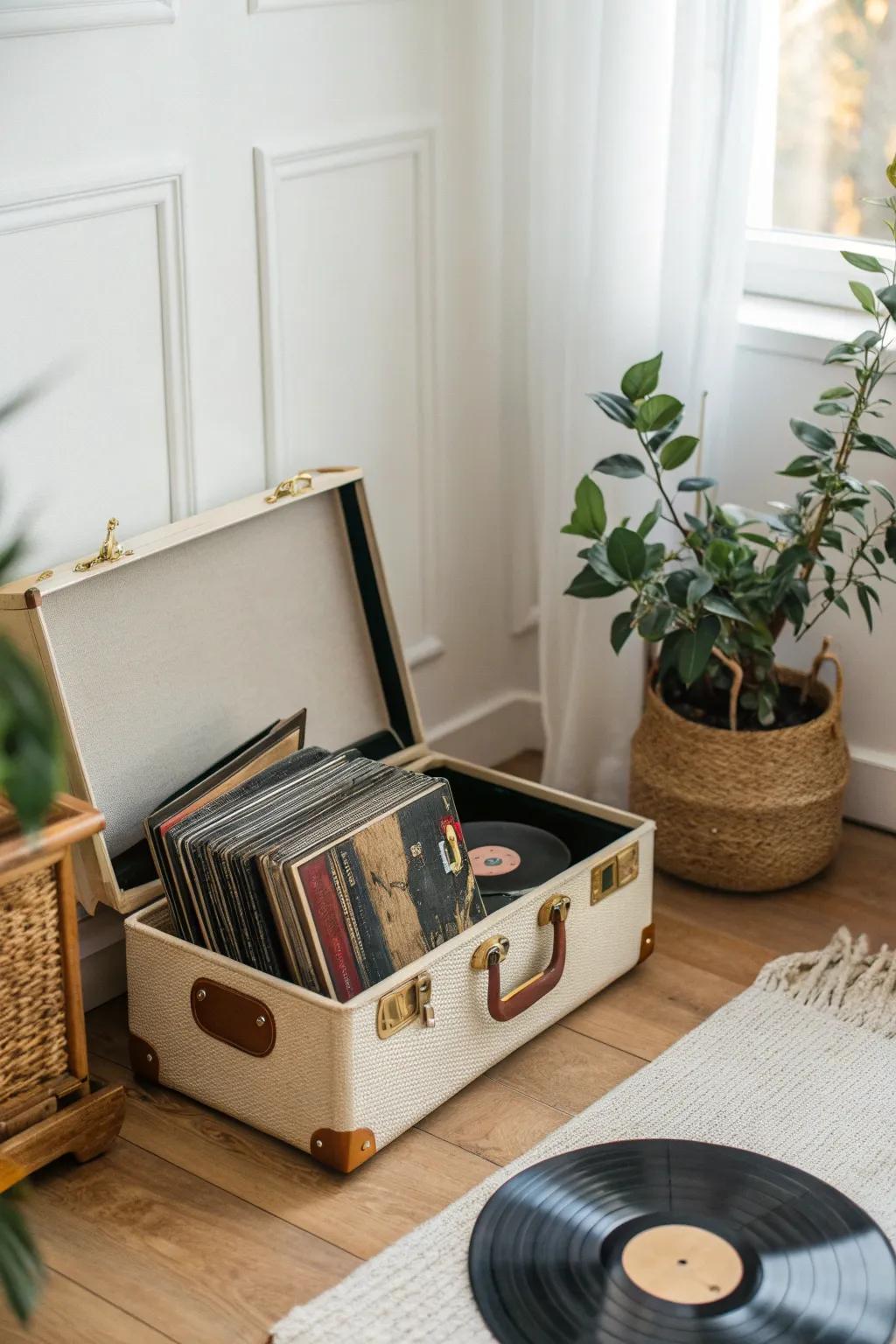 Transform vintage charm into stylish vinyl storage with this chic repurposed suitcase idea.