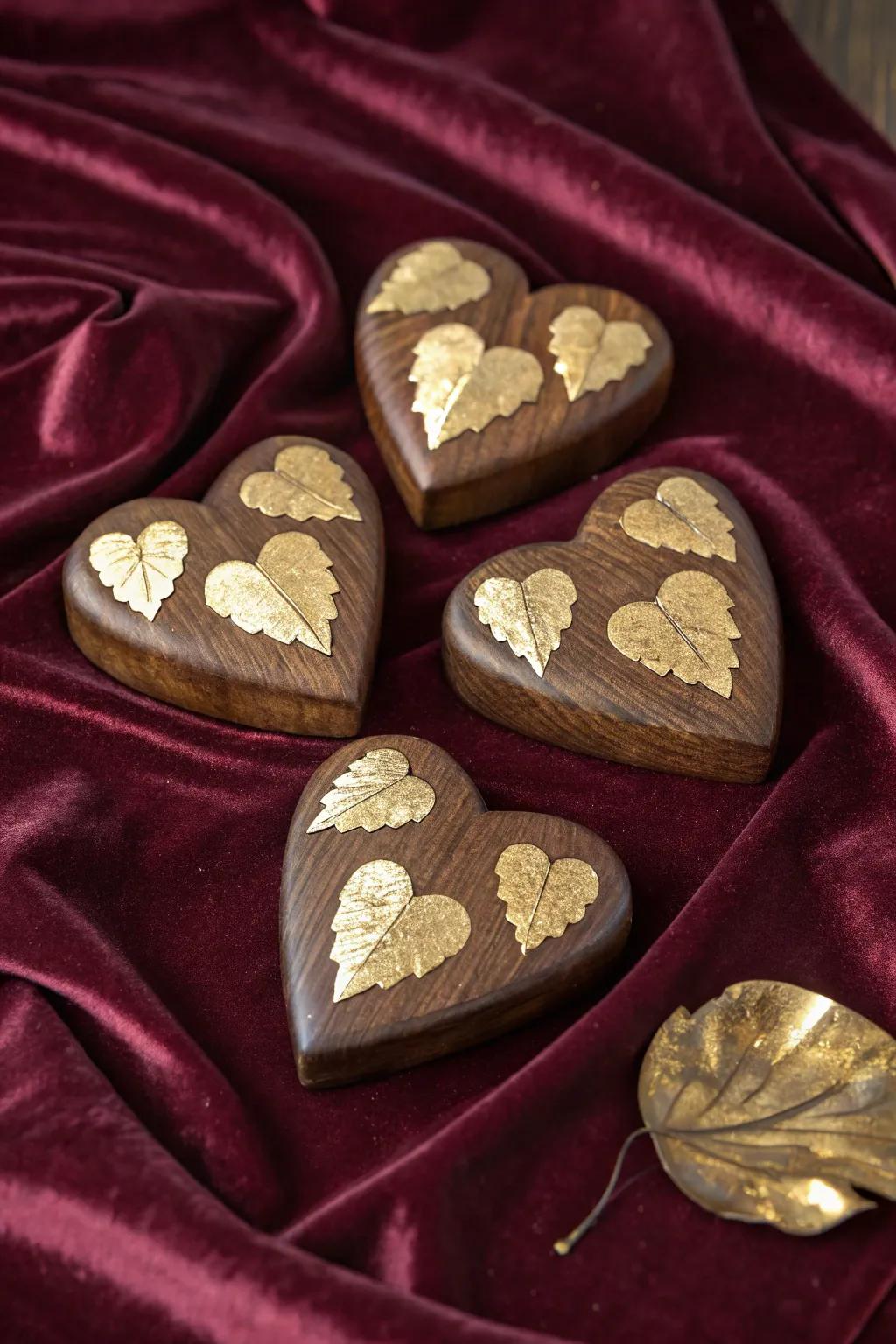 Gold leaf accents add luxury and elegance to wooden hearts.