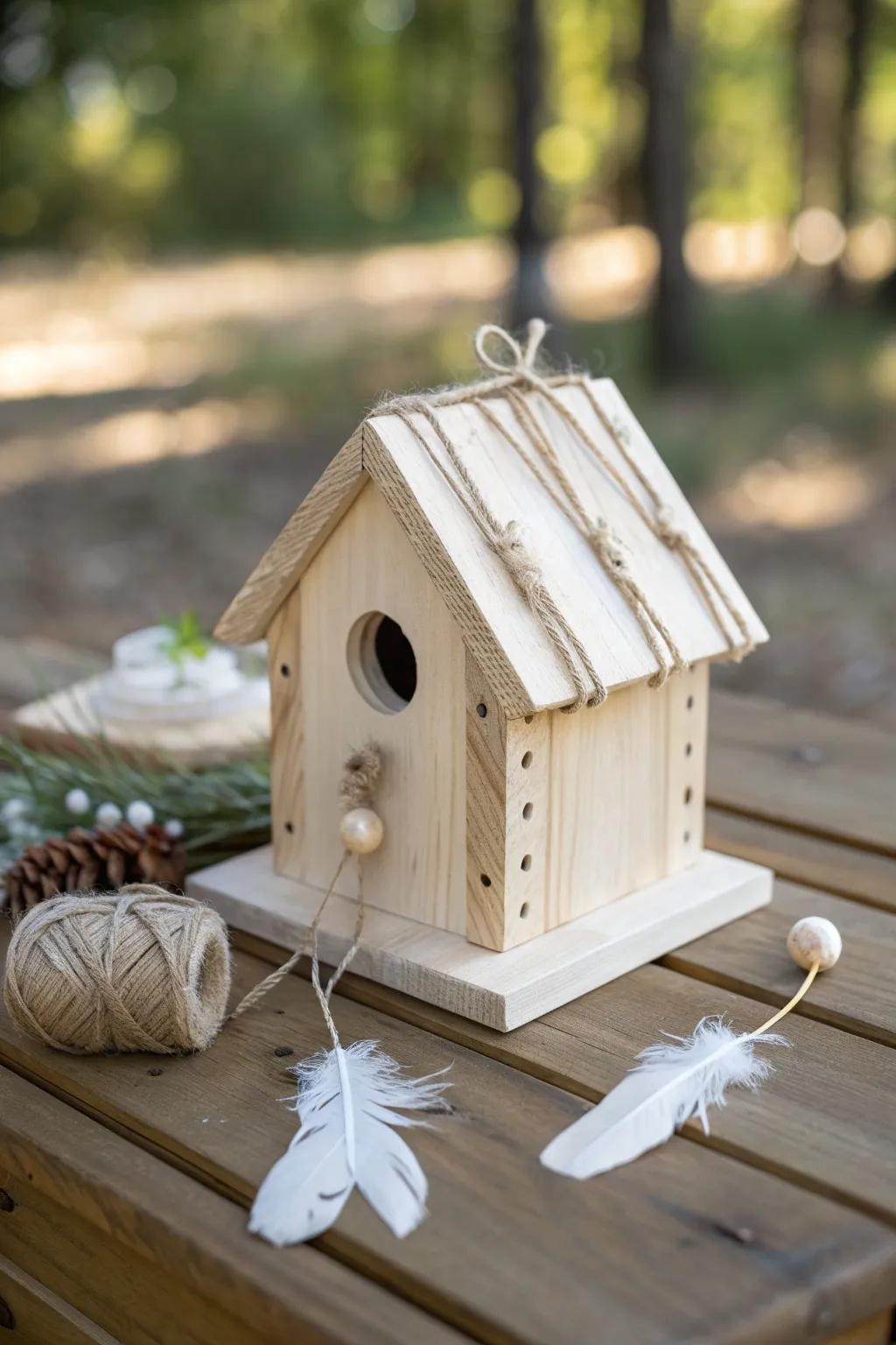 Charming simplicity with a touch of whimsy: elevate your woodland baby shower with a handcrafted birdhouse centerpiece.