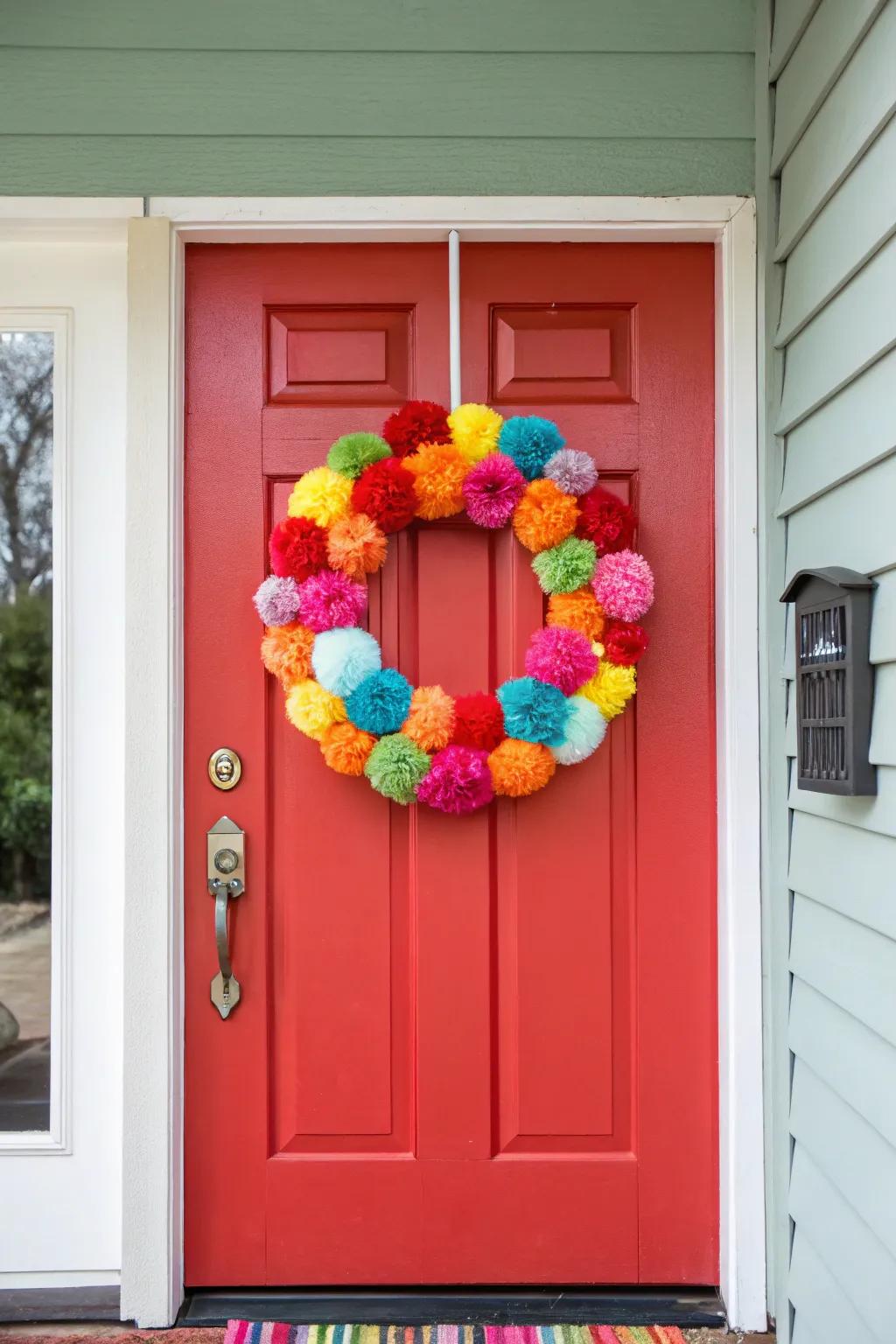 Add a playful touch with a colorful pom-pom wreath.