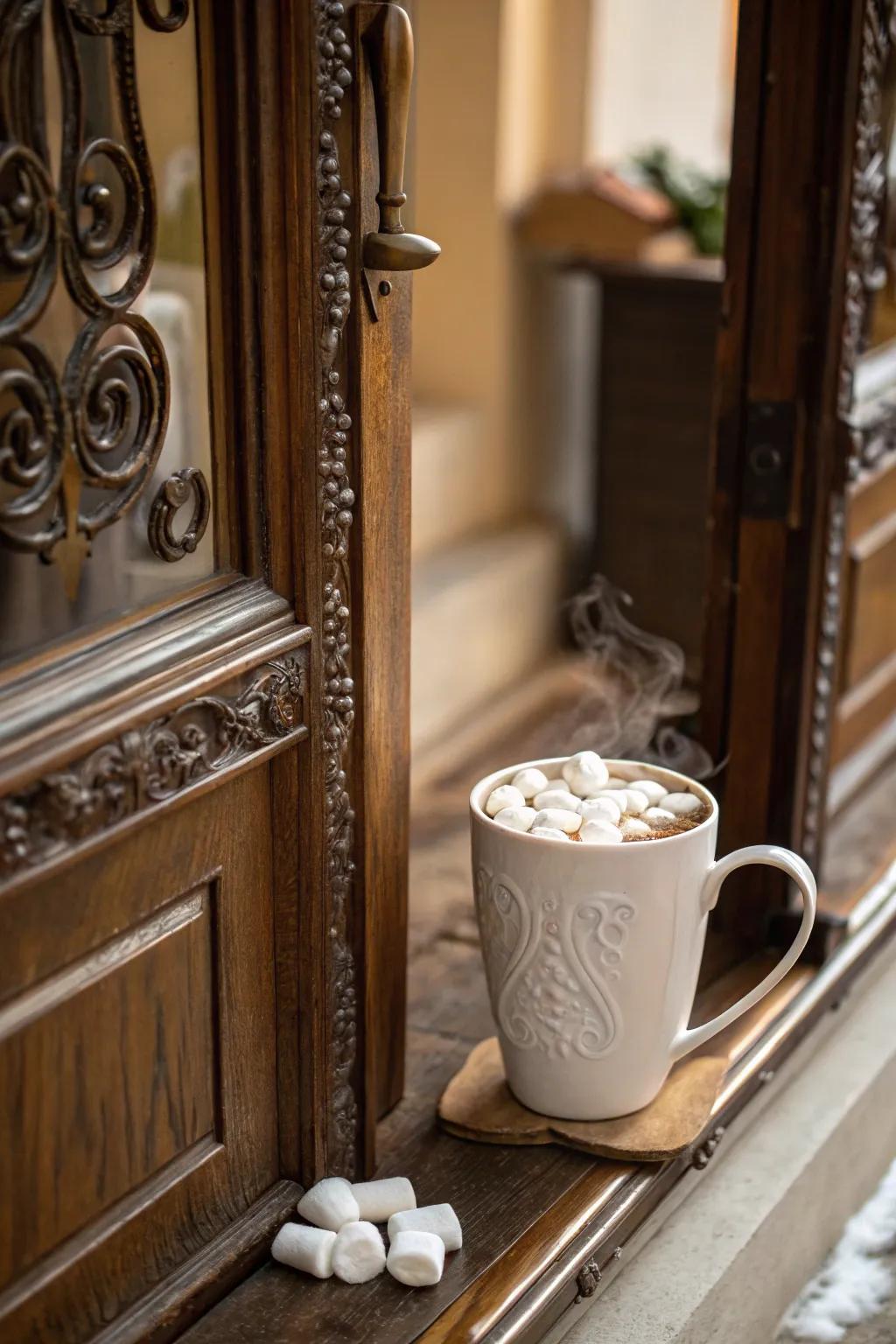 A cozy hot cocoa-themed door for warm holiday wishes.