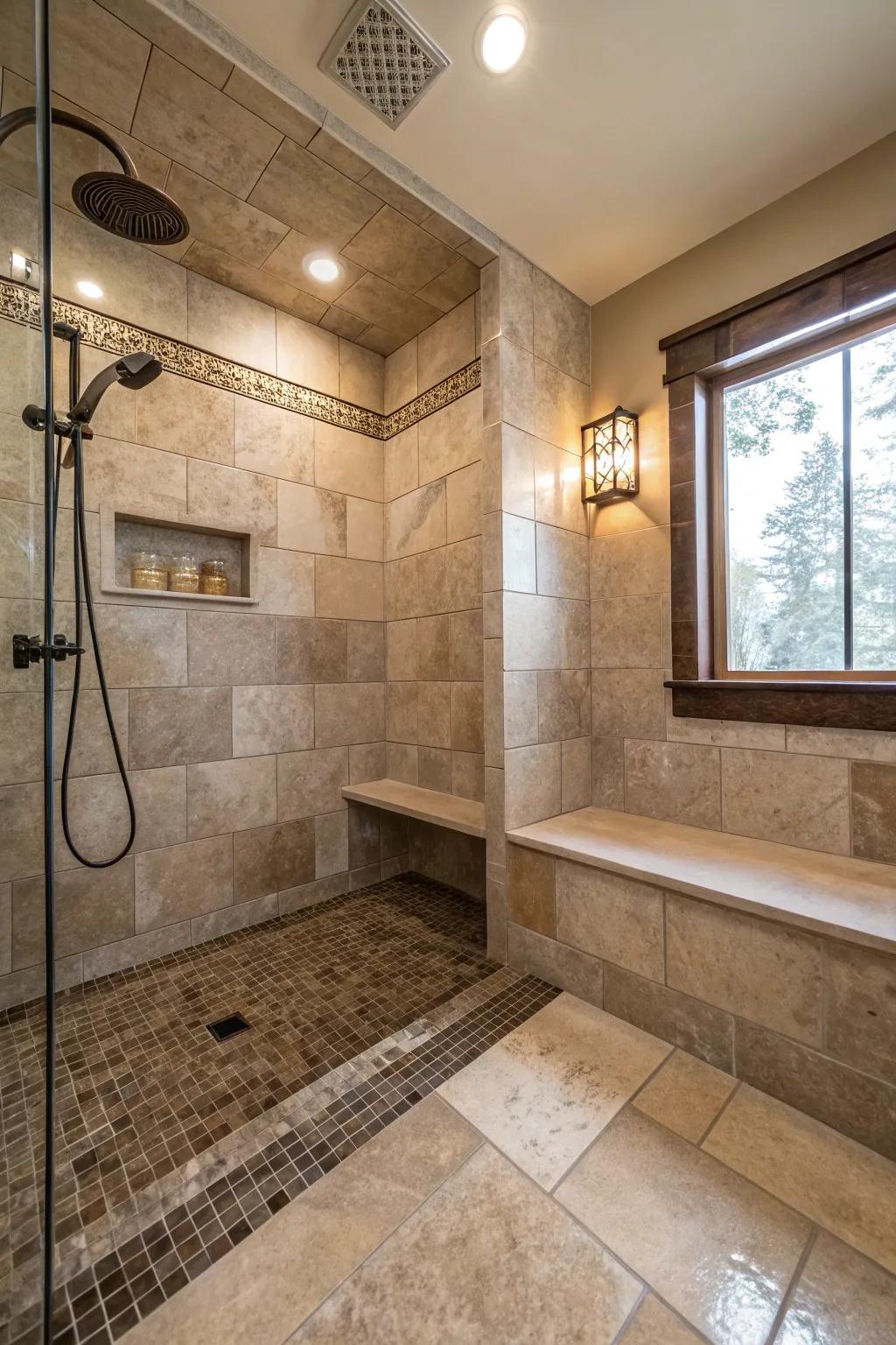 A built-in bench adds comfort and convenience to this doorless shower.